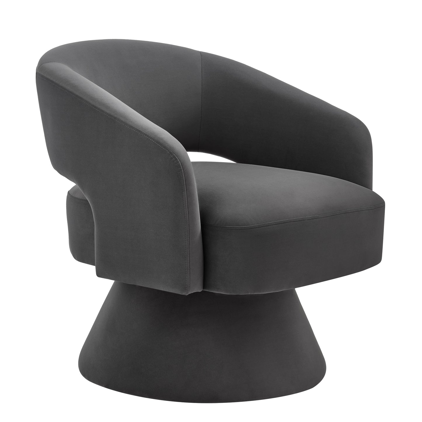 Modern grey velvet accent chair with a swivel base and curved arms