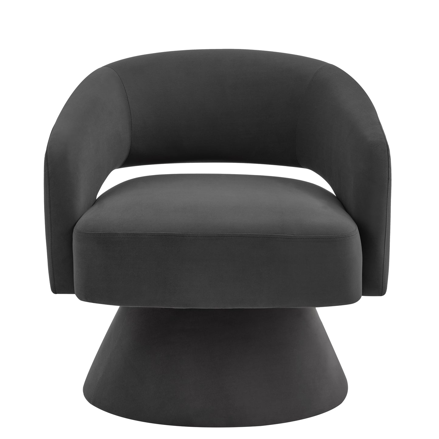 Dark gray velvet armchair with a rounded back and a swivel base perfect for modern living spaces