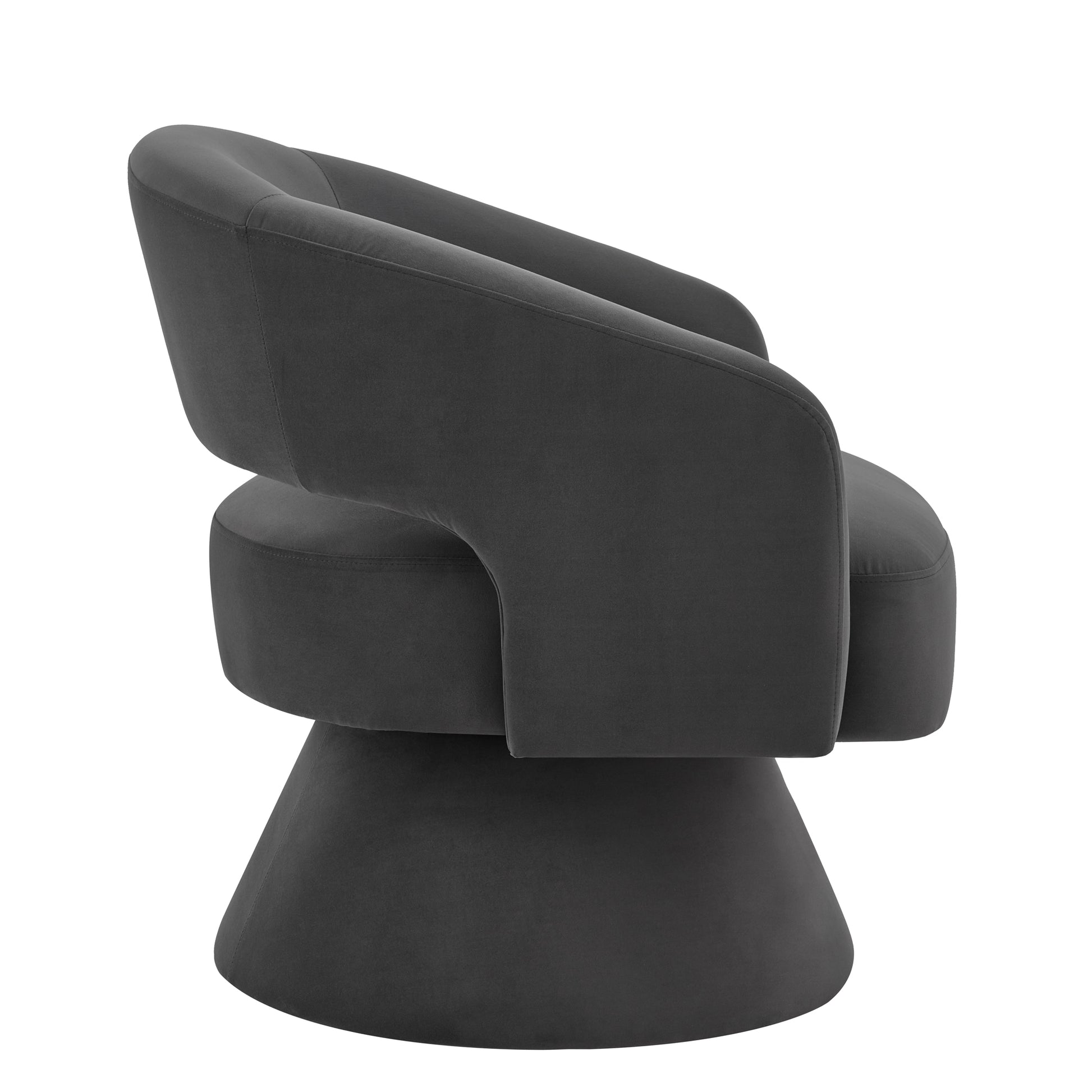Dark gray velvet swivel accent chair with rounded arms and a tapered base