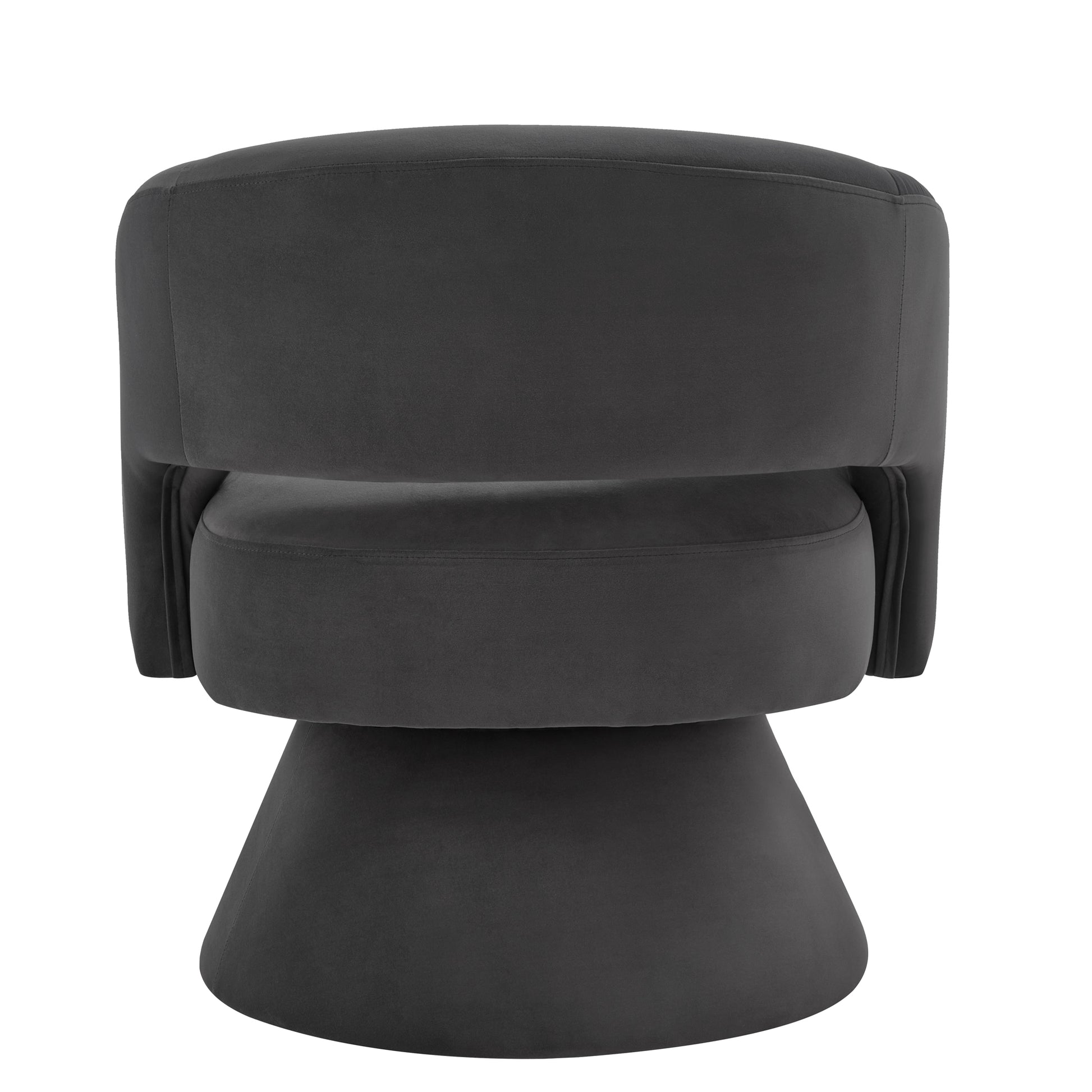 Dark gray velvet swivel accent chair with a rounded back and flared base