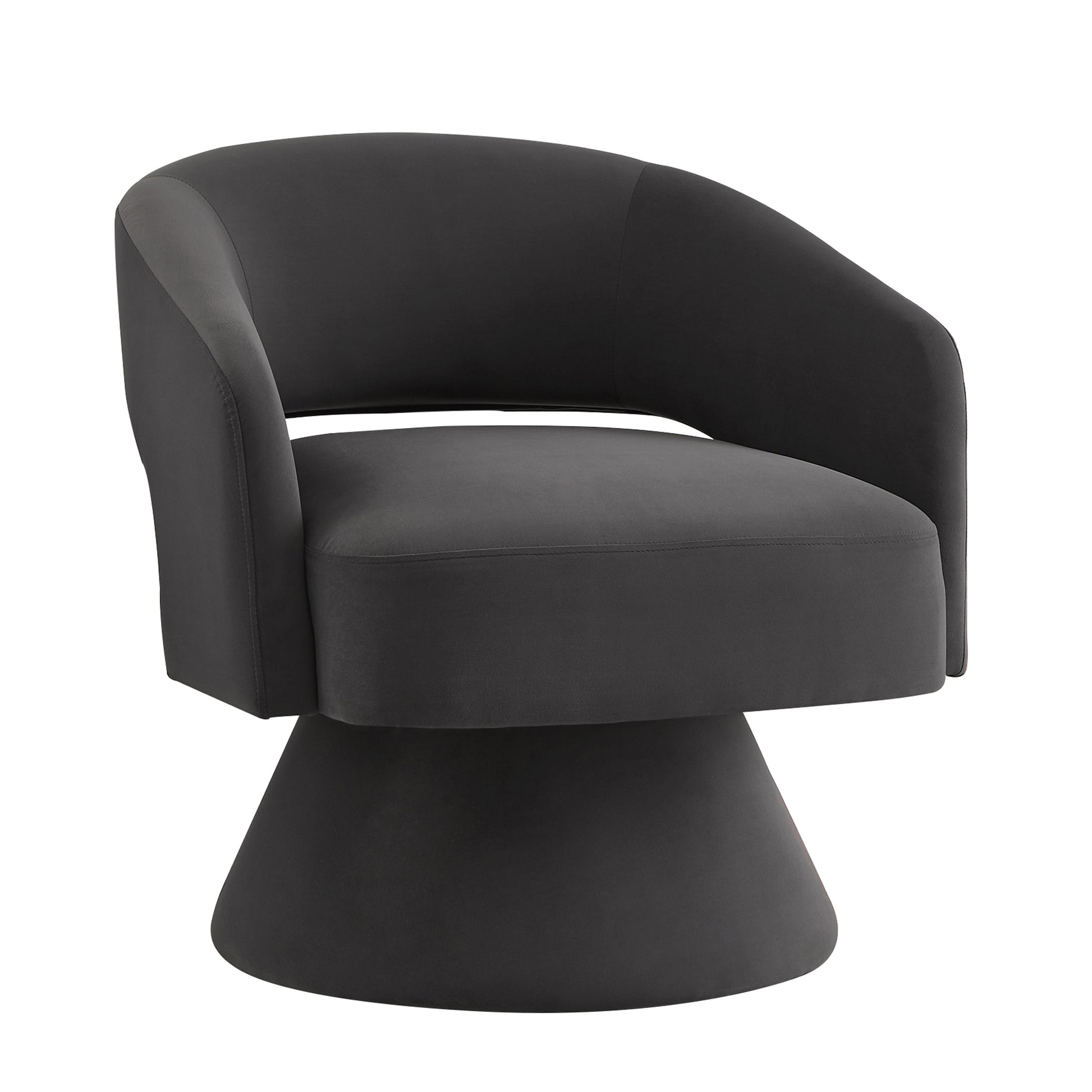 Dark grey velvet swivel accent chair with modern conical base