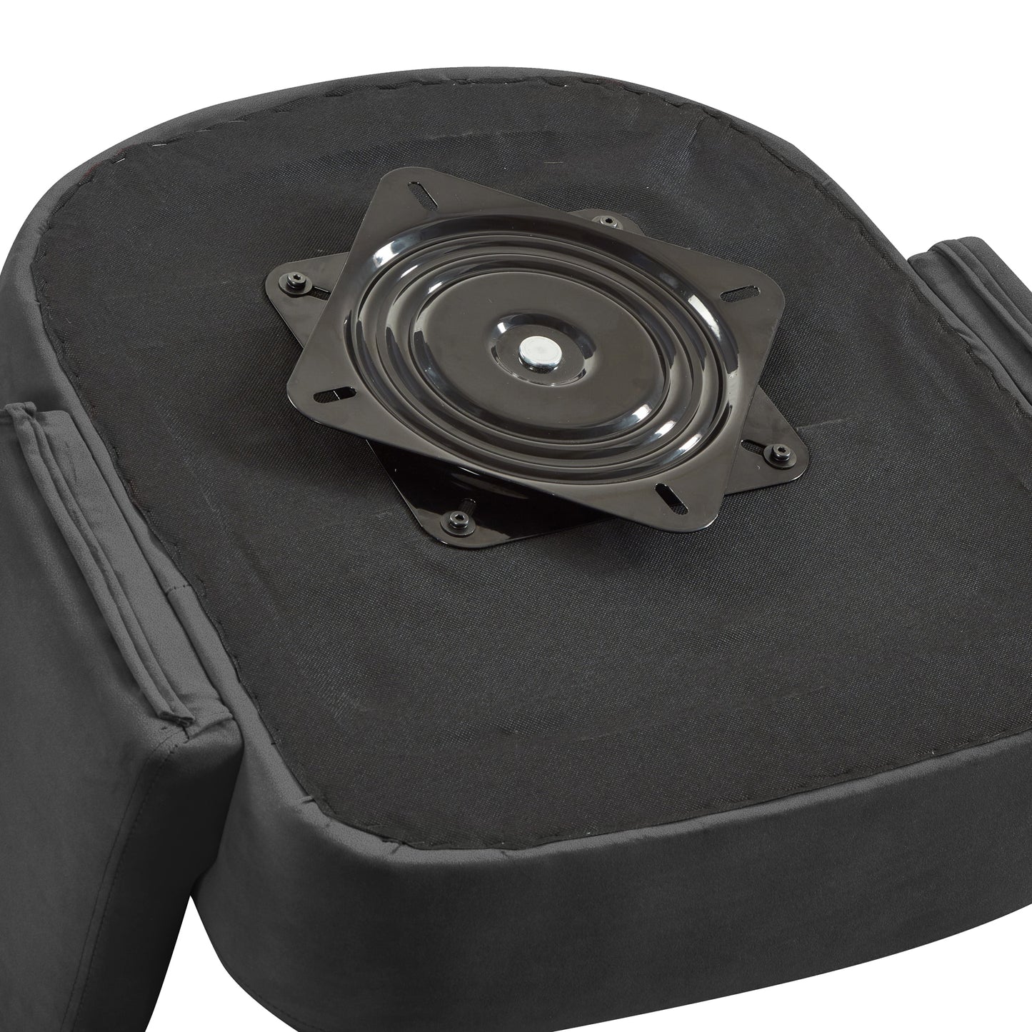 Black swivel base plate attached to the underside of a upholstered seat