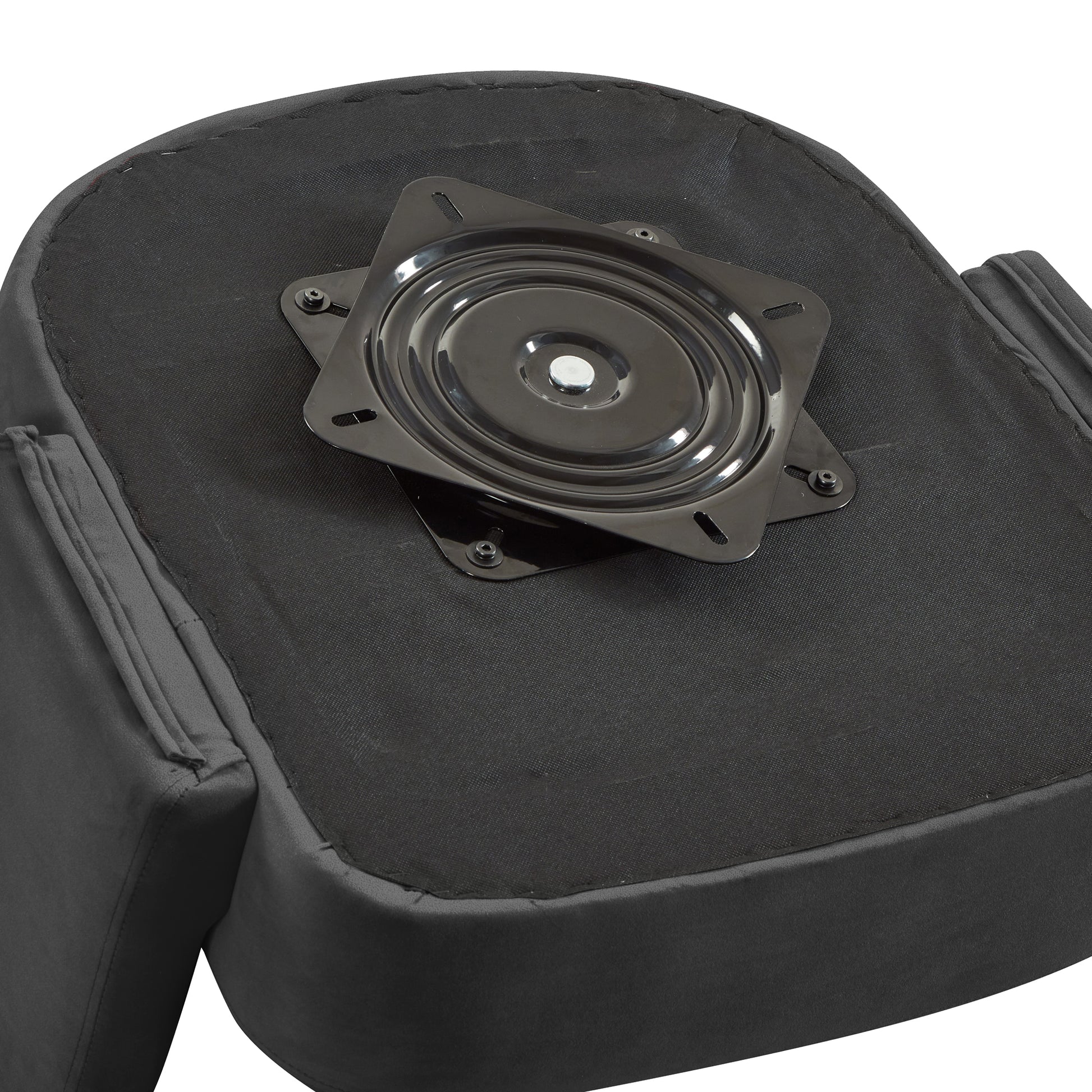Black swivel base plate attached to the underside of a upholstered seat