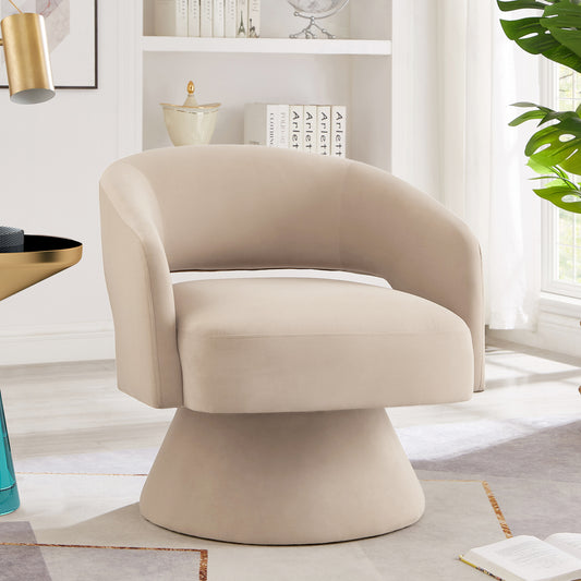 Beige velvet swivel chair with curved back and upholstered pedestal base