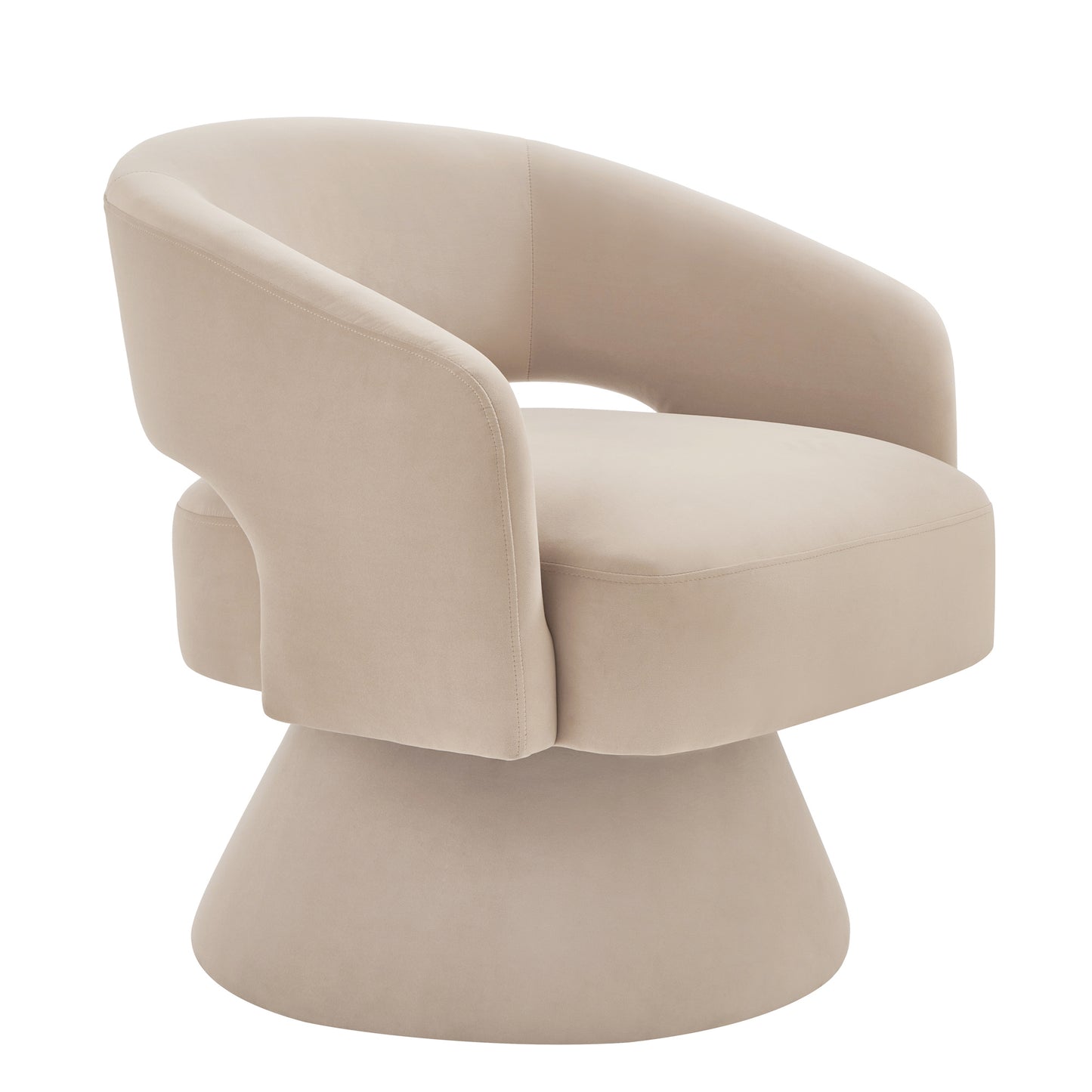 Beige velvet accent chair with a curved back and swivel base for modern living rooms