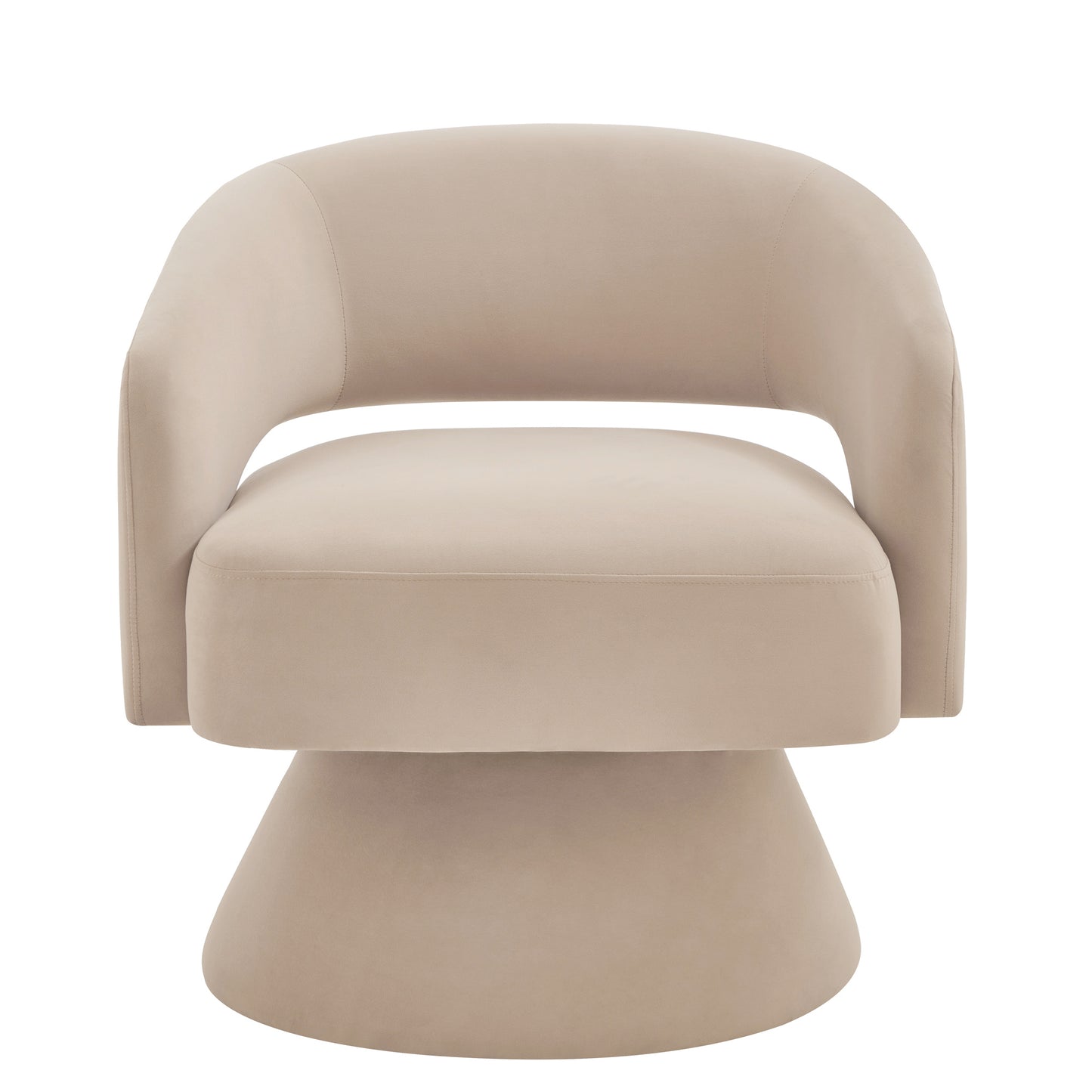 Beige velvet accent chair with curved back and pedestal base perfect for modern living rooms