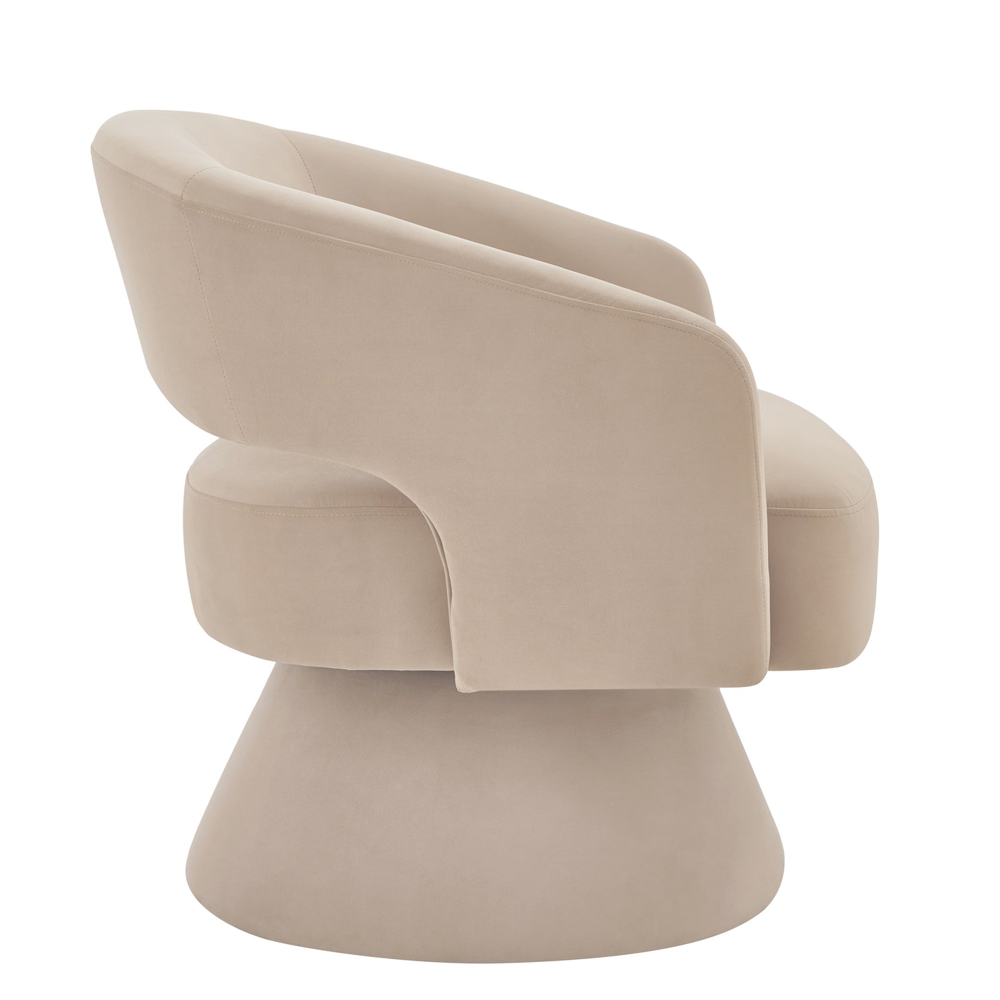 Taupe velvet accent chair with a curved back and swiveling pedestal base