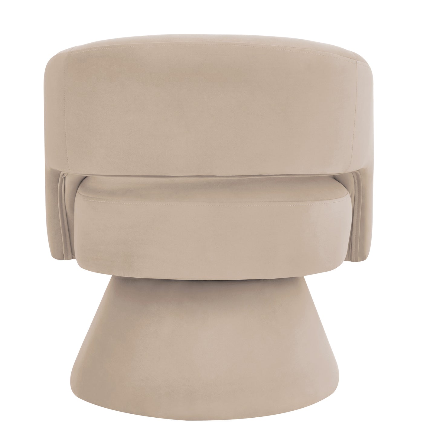 Beige velvet accent chair with a swiveling base and curved backrest