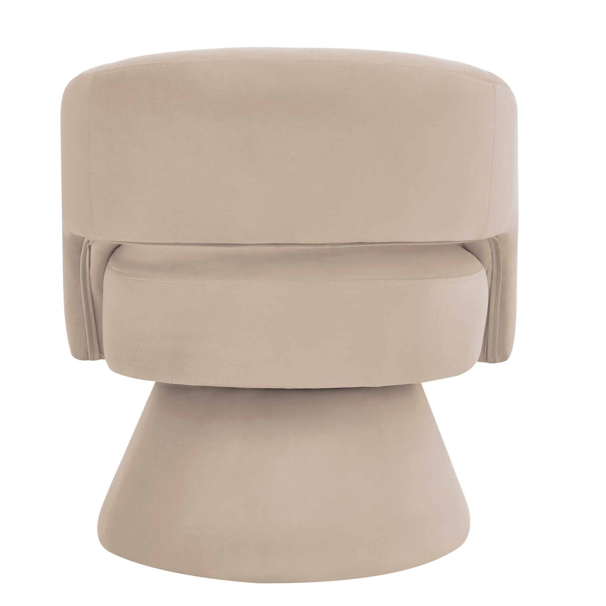 Beige velvet accent chair with a swiveling base and curved backrest