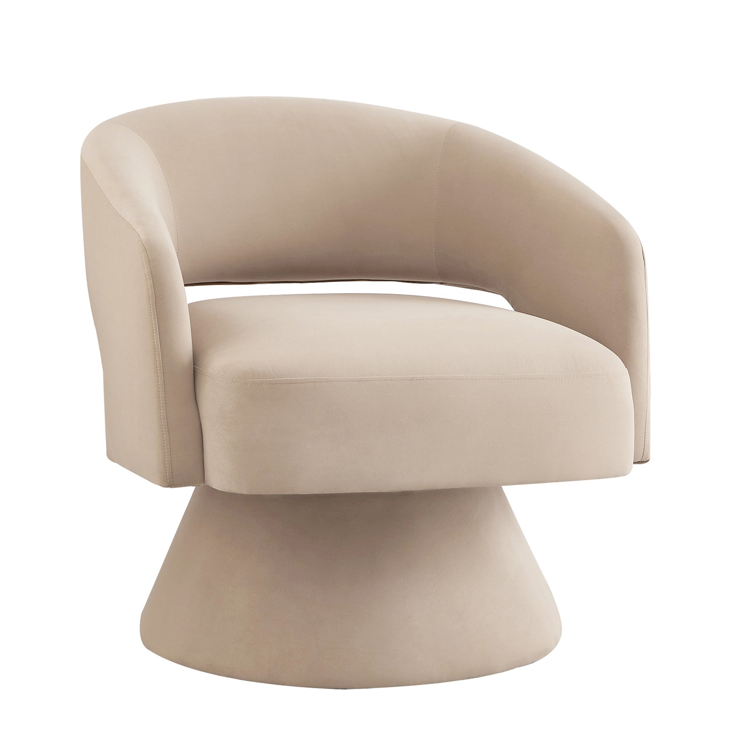 Plush beige velvet accent chair with a modern swivel base