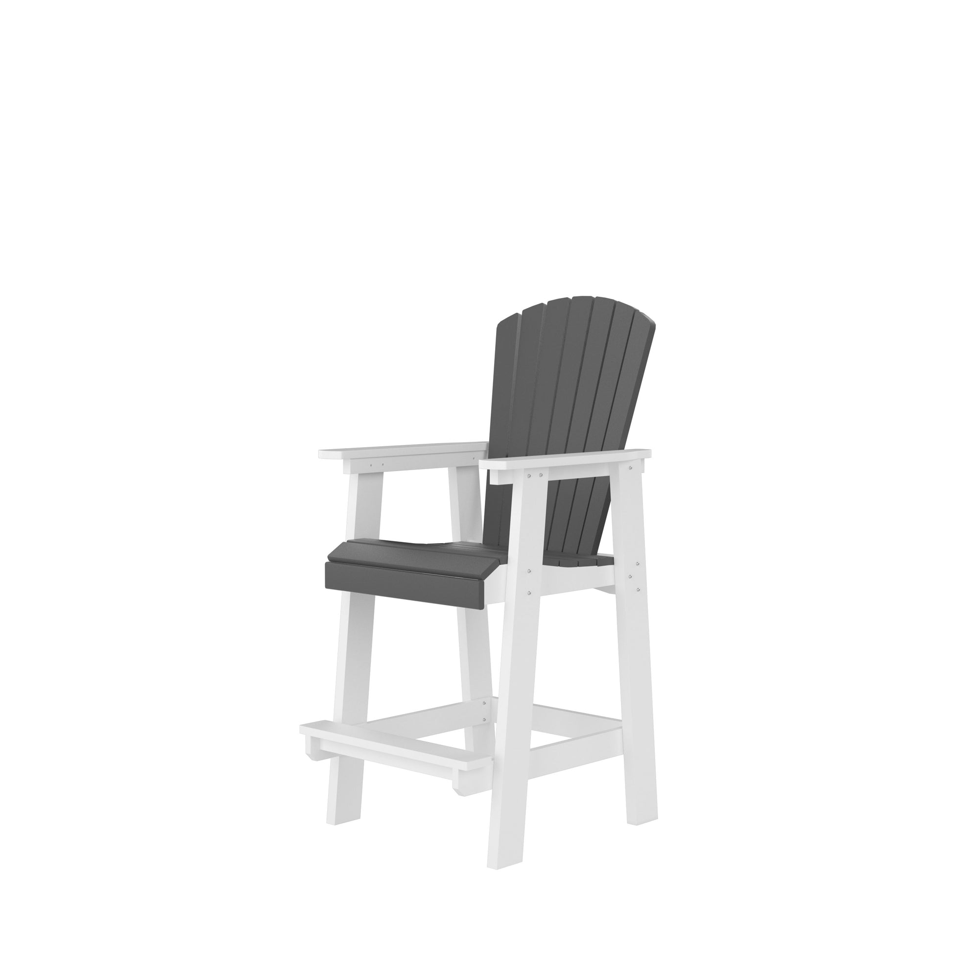 White and gray Adirondack bar stool with a slatted back and seat