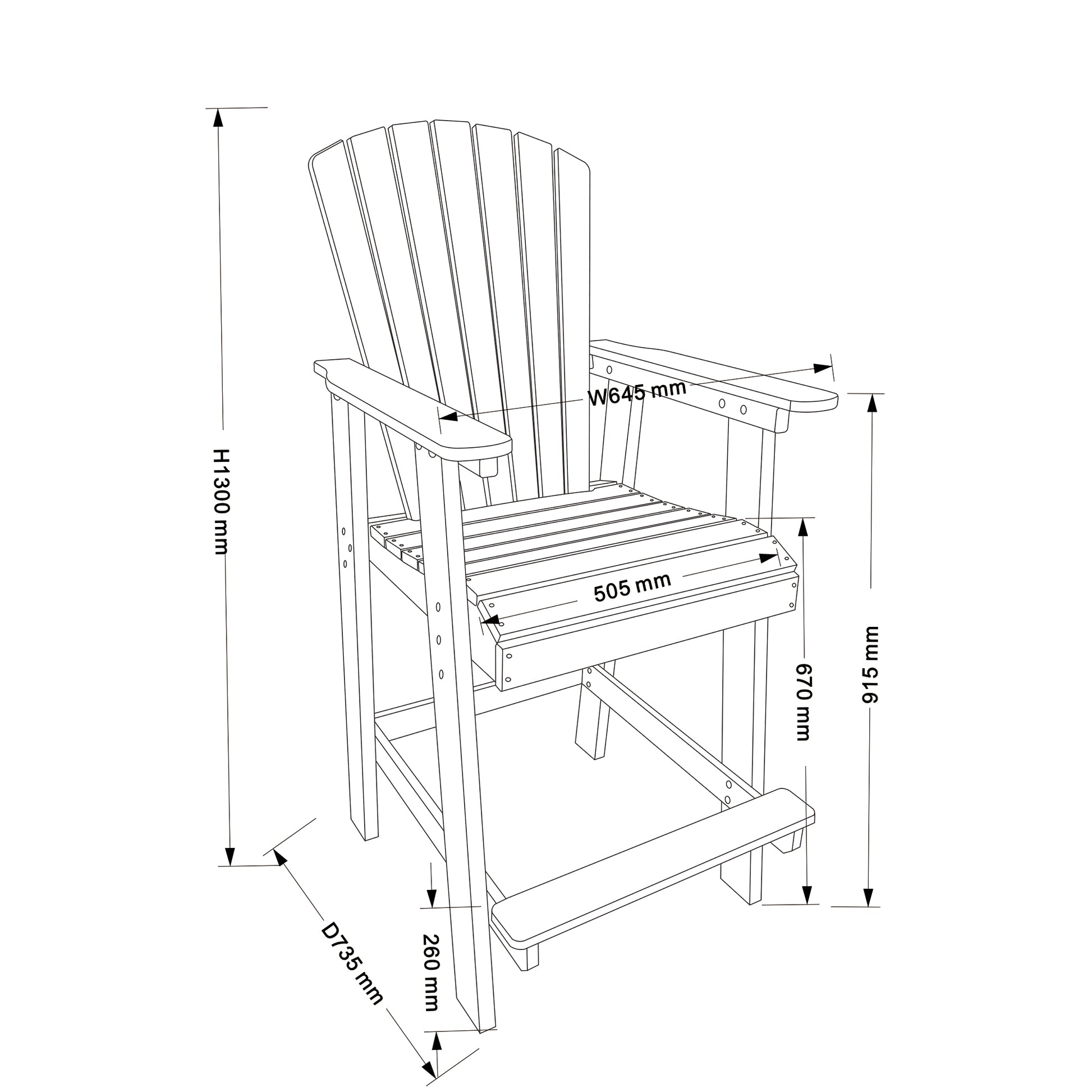 Line drawing of a white Adirondack bar stool with dimensions labeled