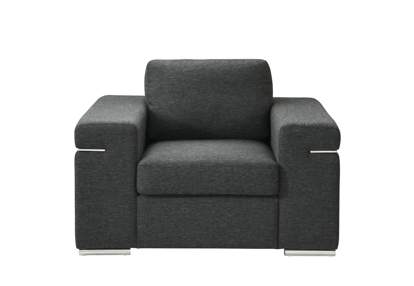 Dark gray fabric armchair with sleek silver accents and modern block legs