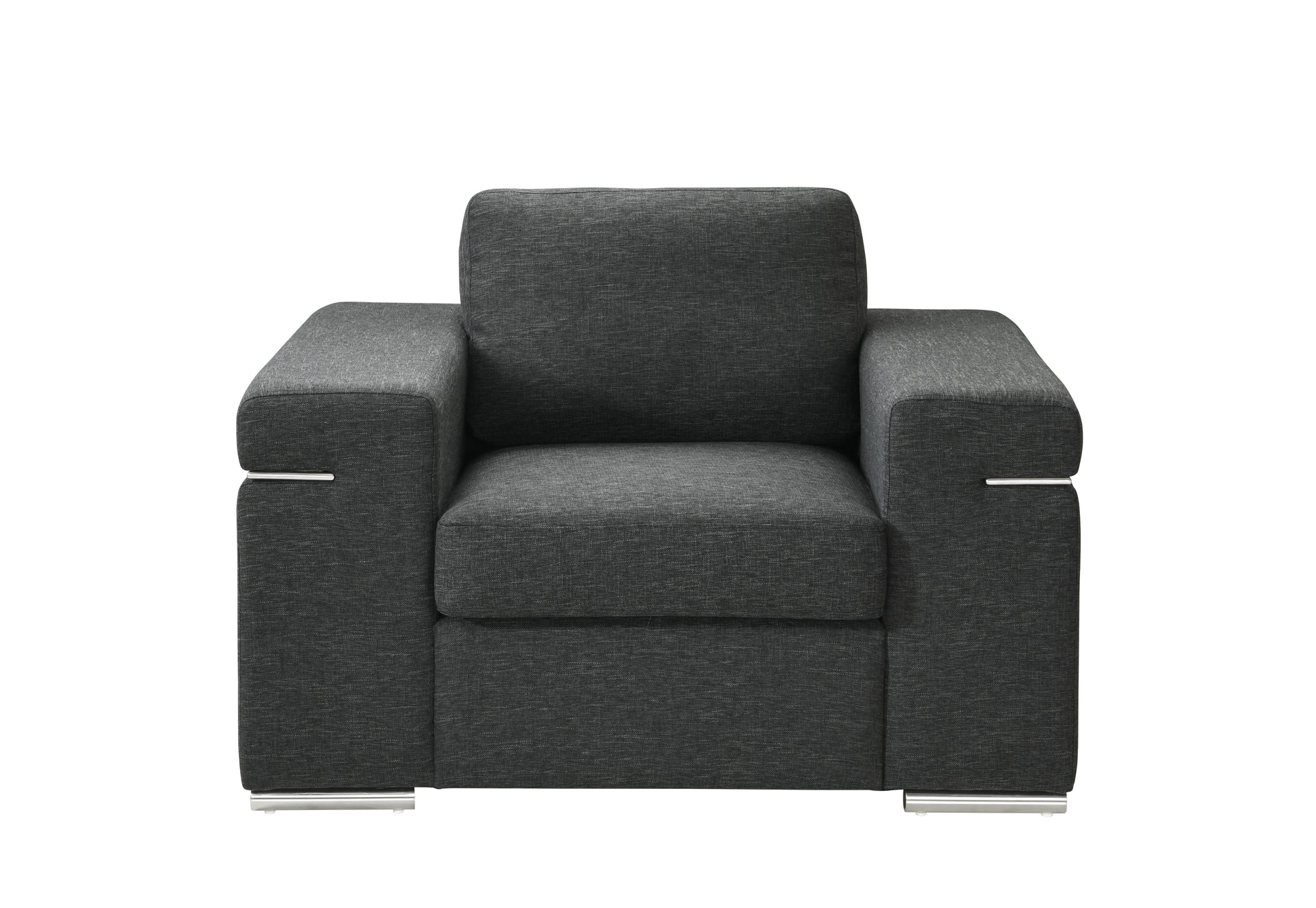 Dark gray fabric armchair with sleek silver accents and modern block legs
