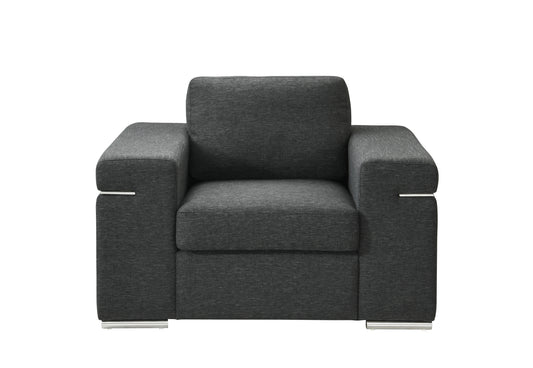 Dark gray fabric armchair with sleek silver accents and modern block legs