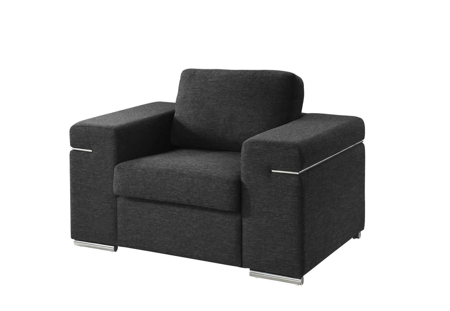 Modern charcoal grey fabric armchair with sleek chrome accents