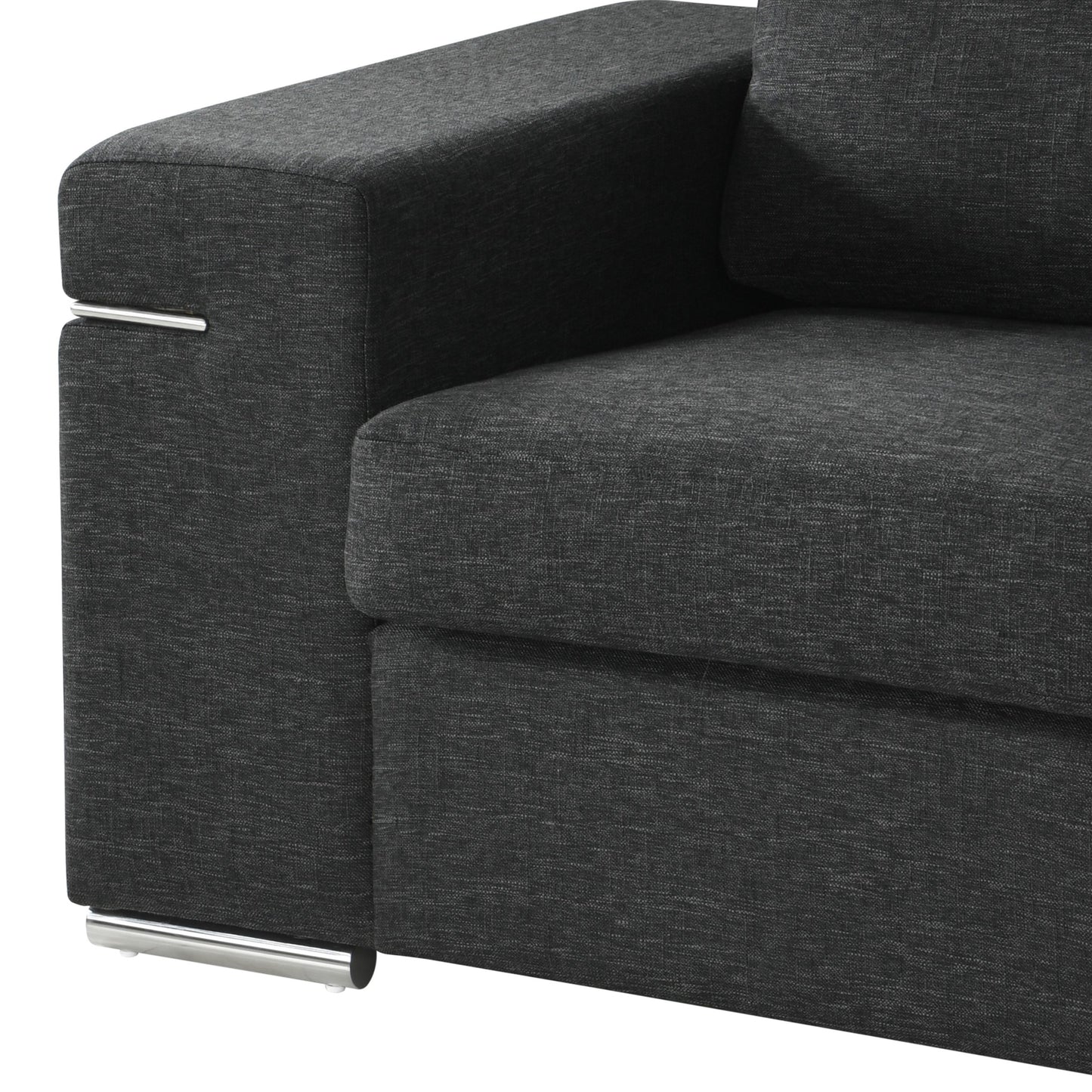 Closeup of a charcoal grey fabric sofa armrest with polished chrome accents