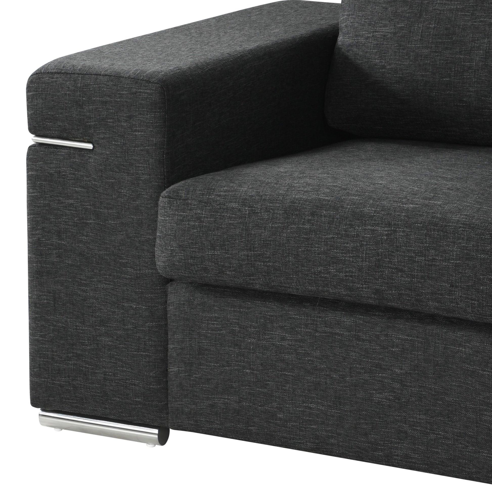 Closeup of a charcoal grey fabric sofa armrest with polished chrome accents