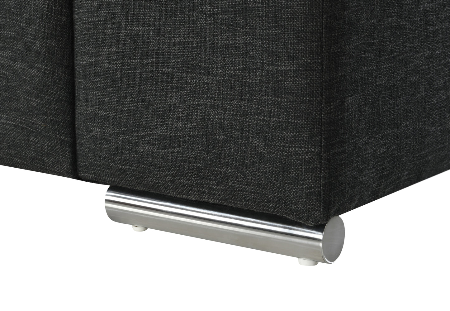 Dark gray fabric couch detail with brushed metal leg