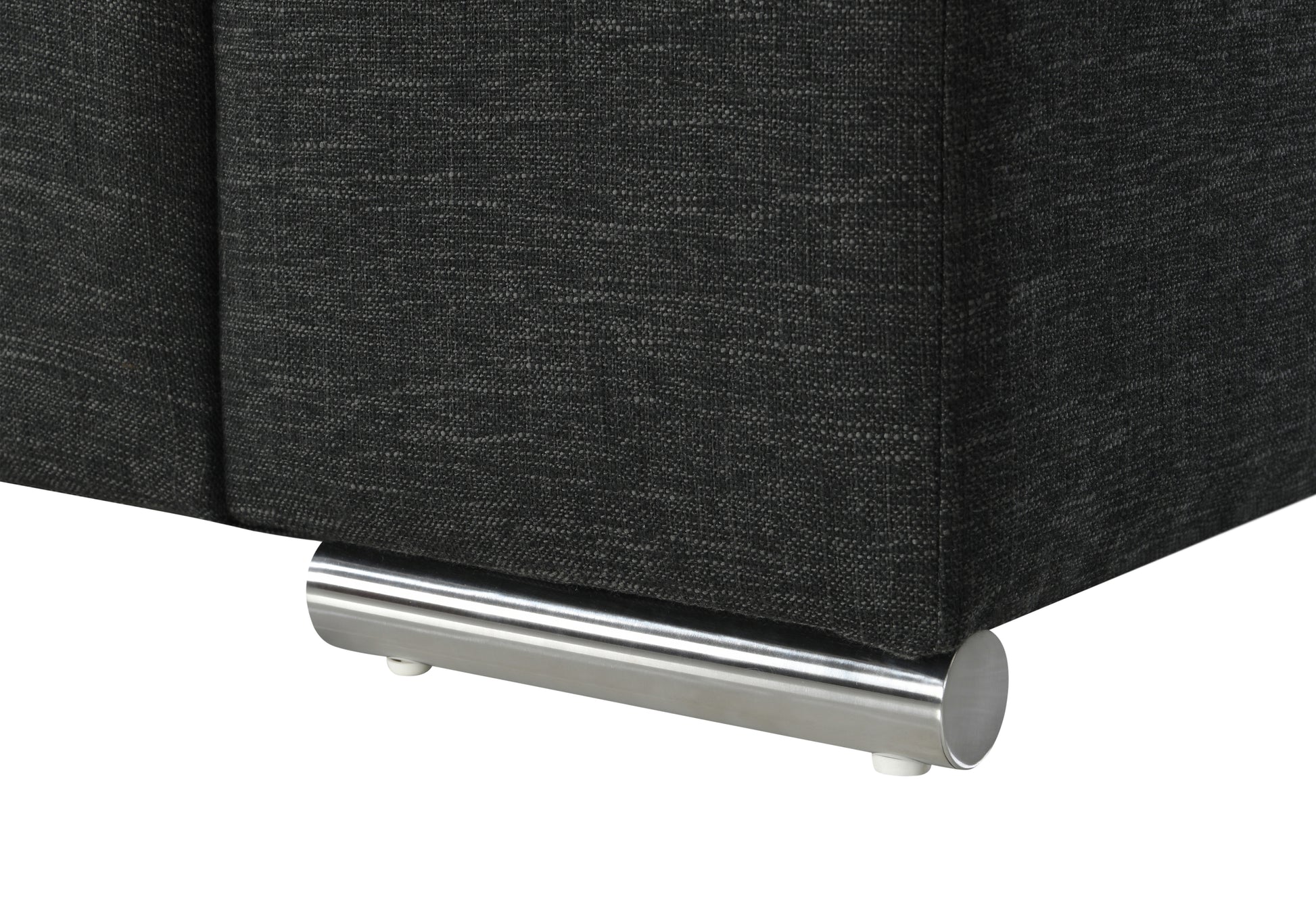 Dark gray fabric couch detail with brushed metal leg