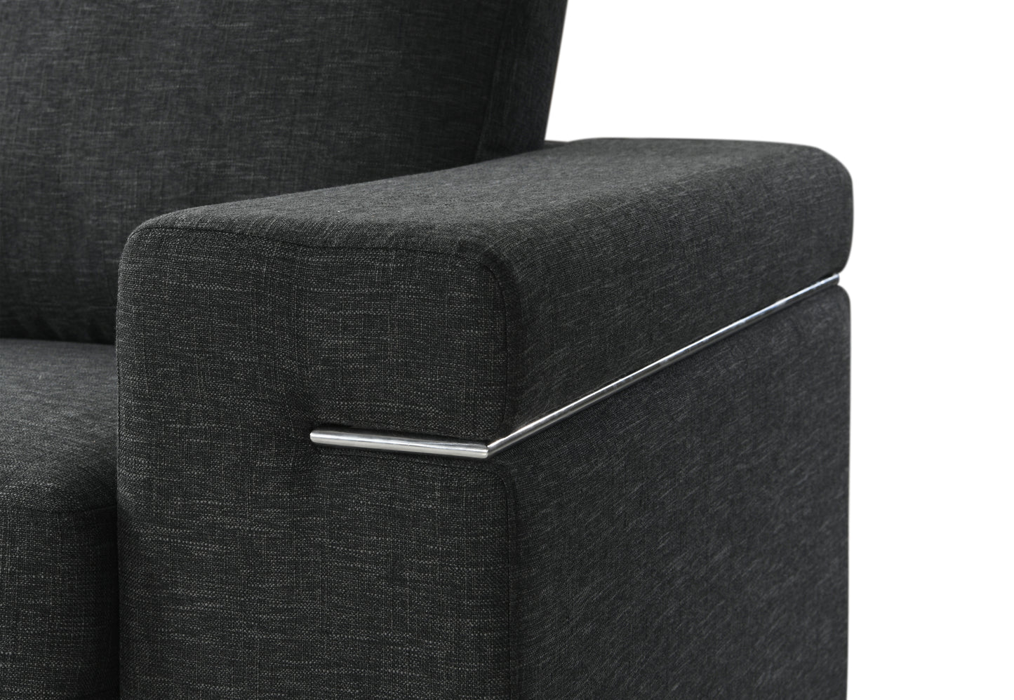 Closeup of a charcoal grey fabric armchair armrest with a sleek chrome accent strip