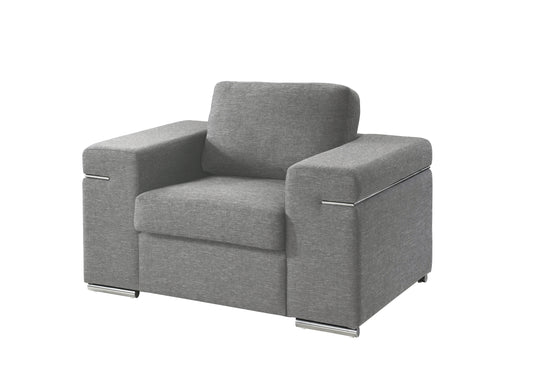 Modern grey fabric armchair with sleek chrome accents and comfortable cushioning