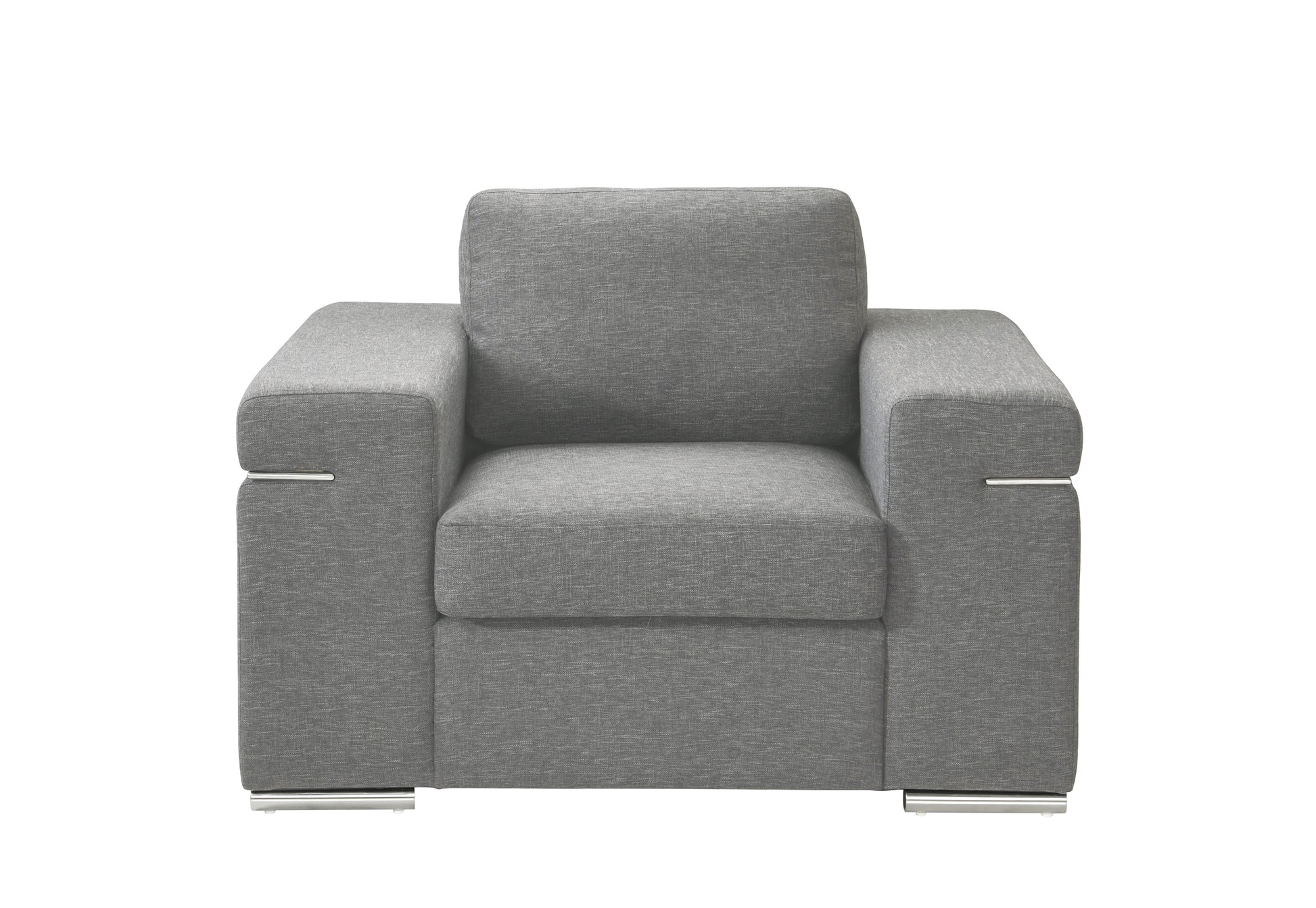Modern grey fabric armchair with sleek chrome accents perfect for living rooms