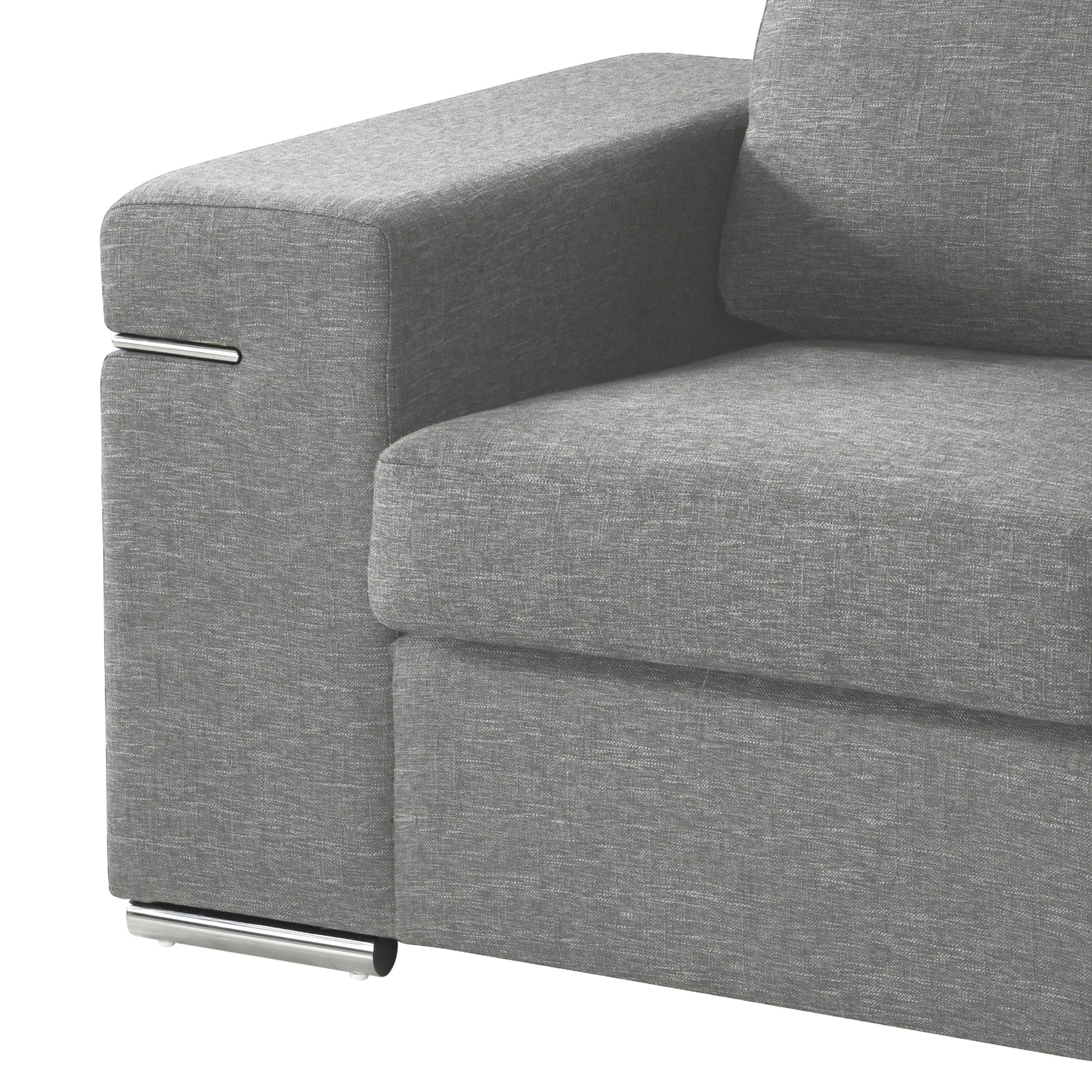 Modern grey fabric sofa armrest with chrome accent detail and leg