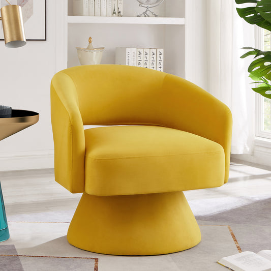 Yellow velvet accent chair with a rounded back and swivel base for modern living spaces