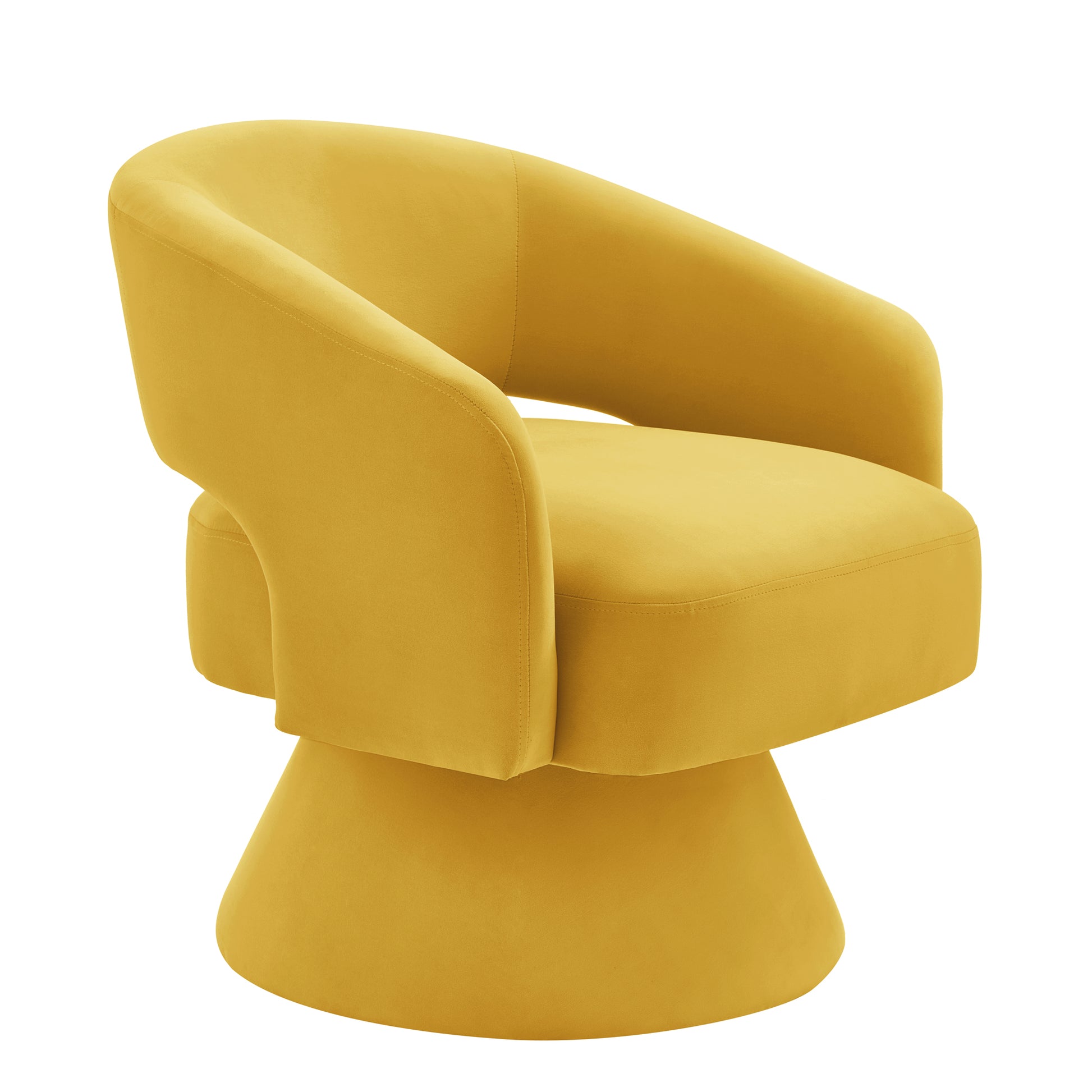 Yellow velvet swivel chair with a rounded back and base