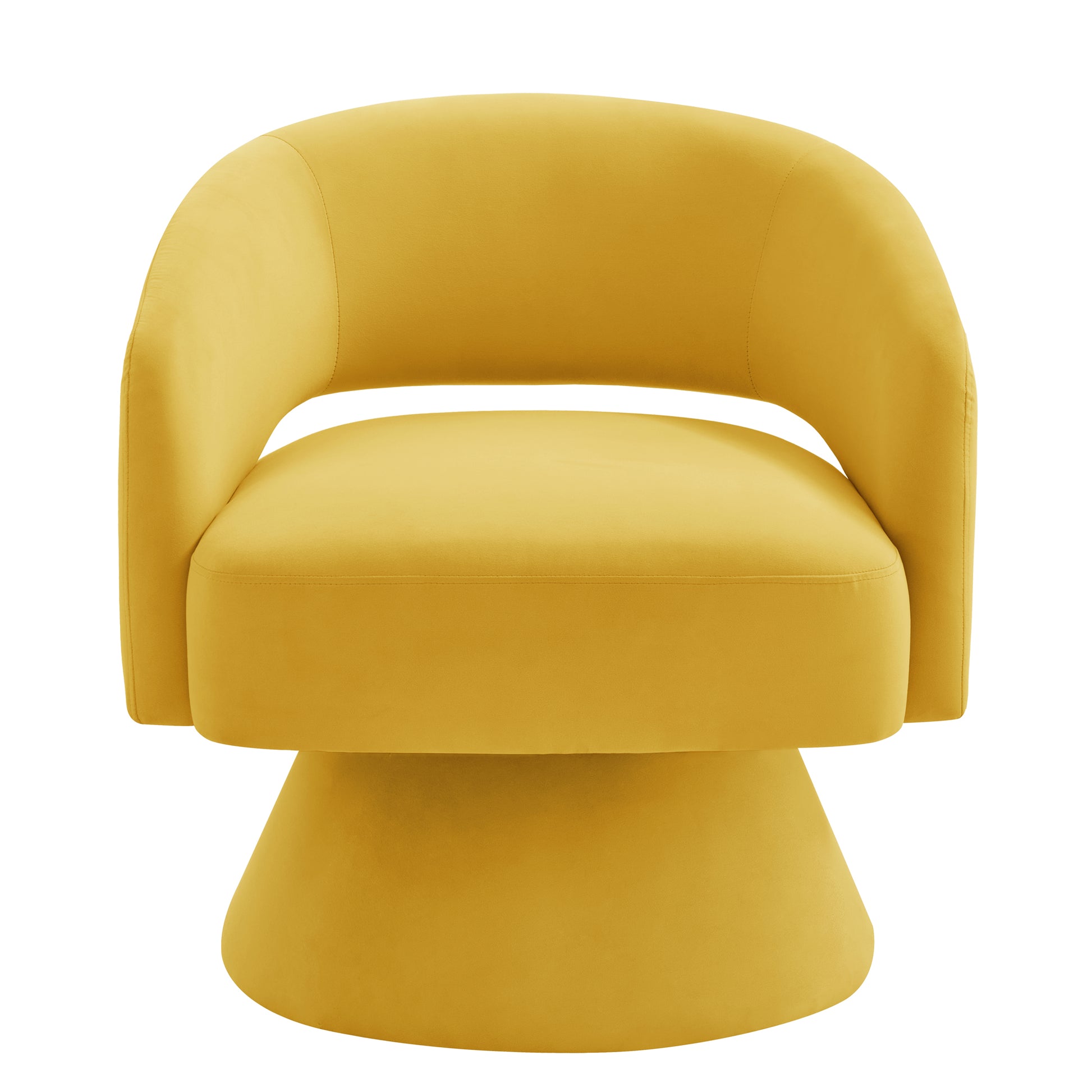 Yellow velvet swivel accent chair with curved back and padded seat
