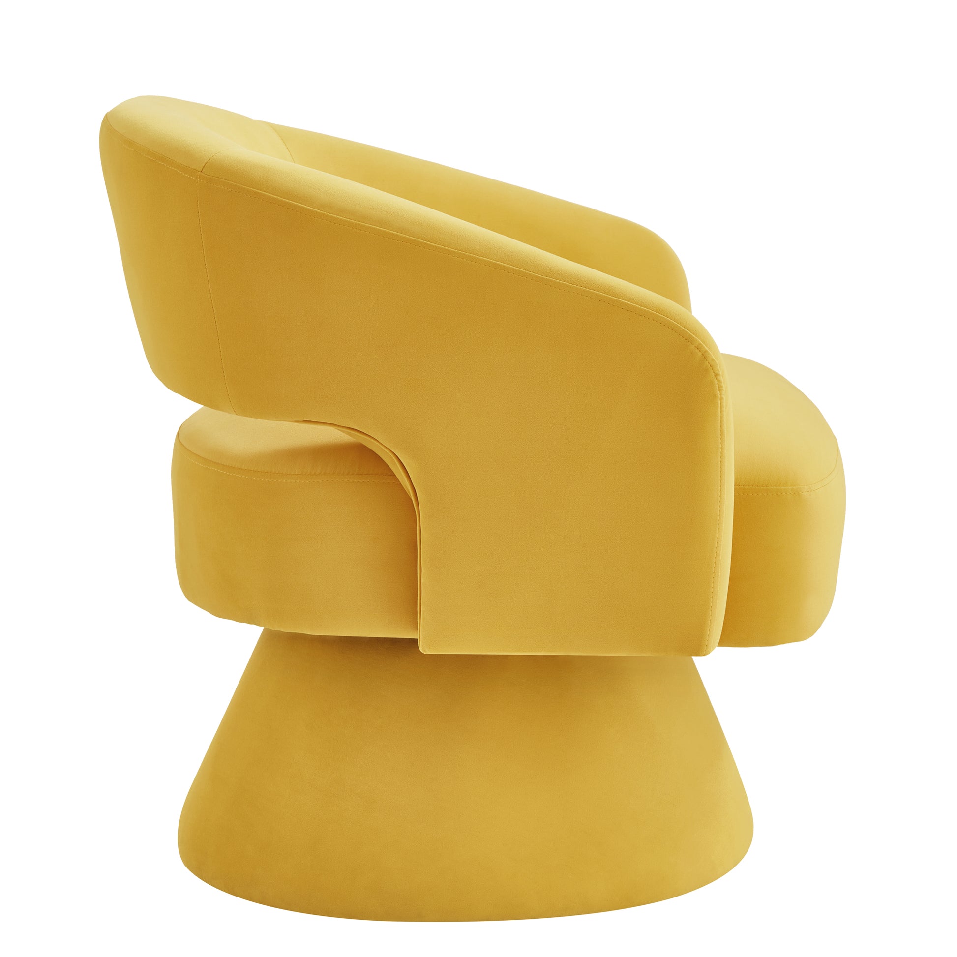 Mustard yellow velvet swivel accent chair with a modern rounded design