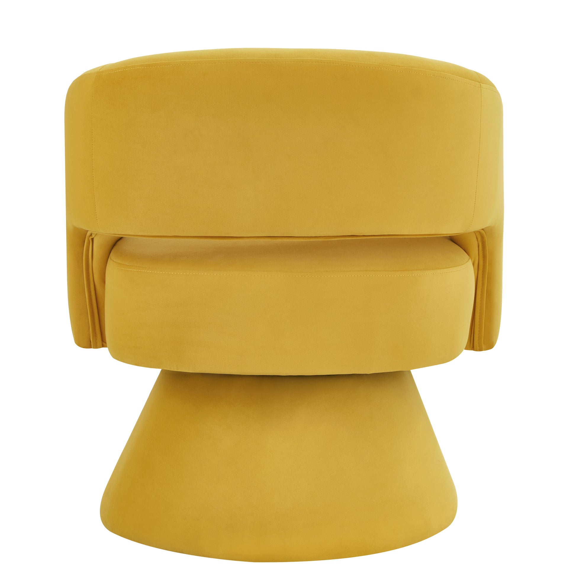 Yellow velvet swivel chair with a flared base for a modern living room