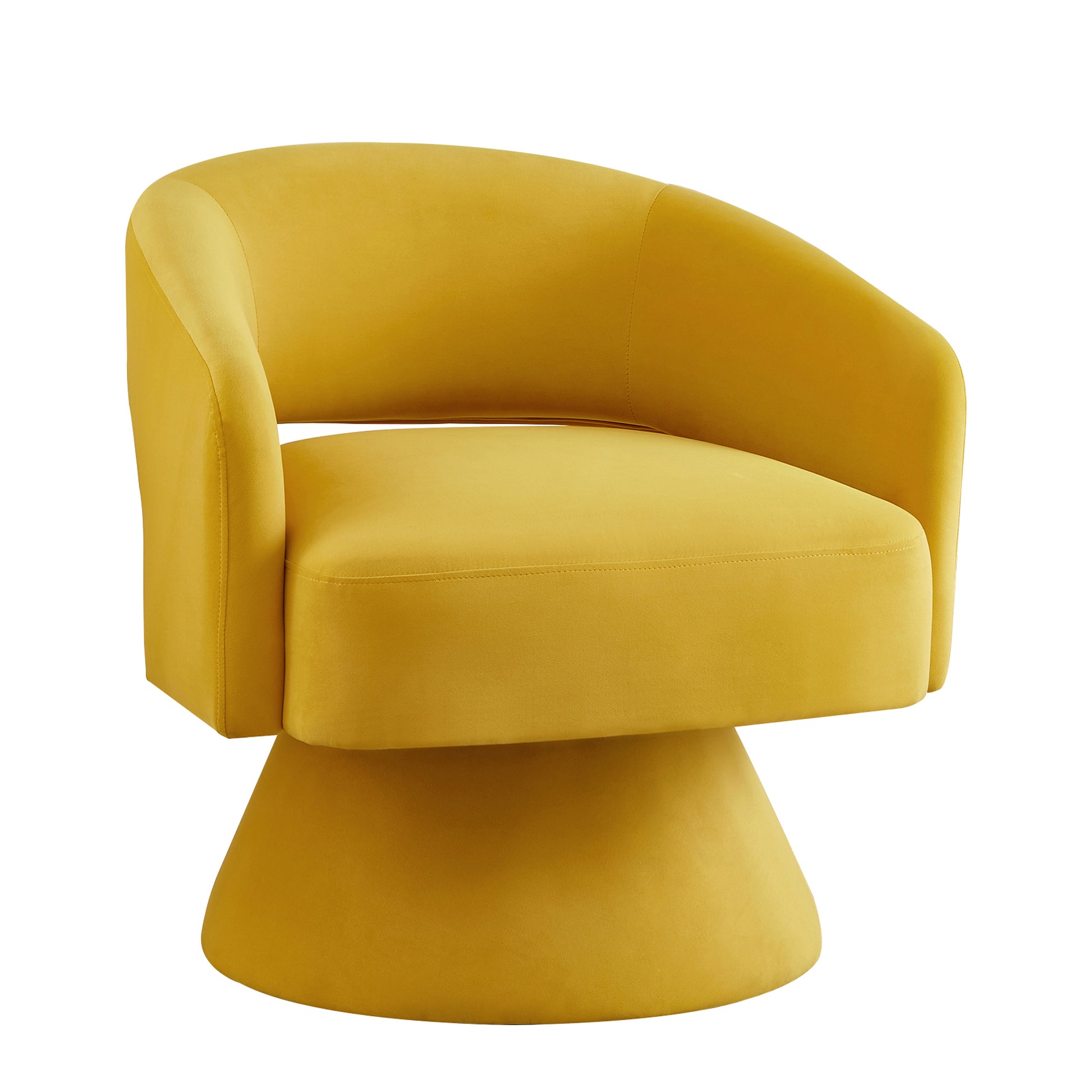 Mustard yellow velvet accent chair with a swivel base and curved silhouette for a modern living room