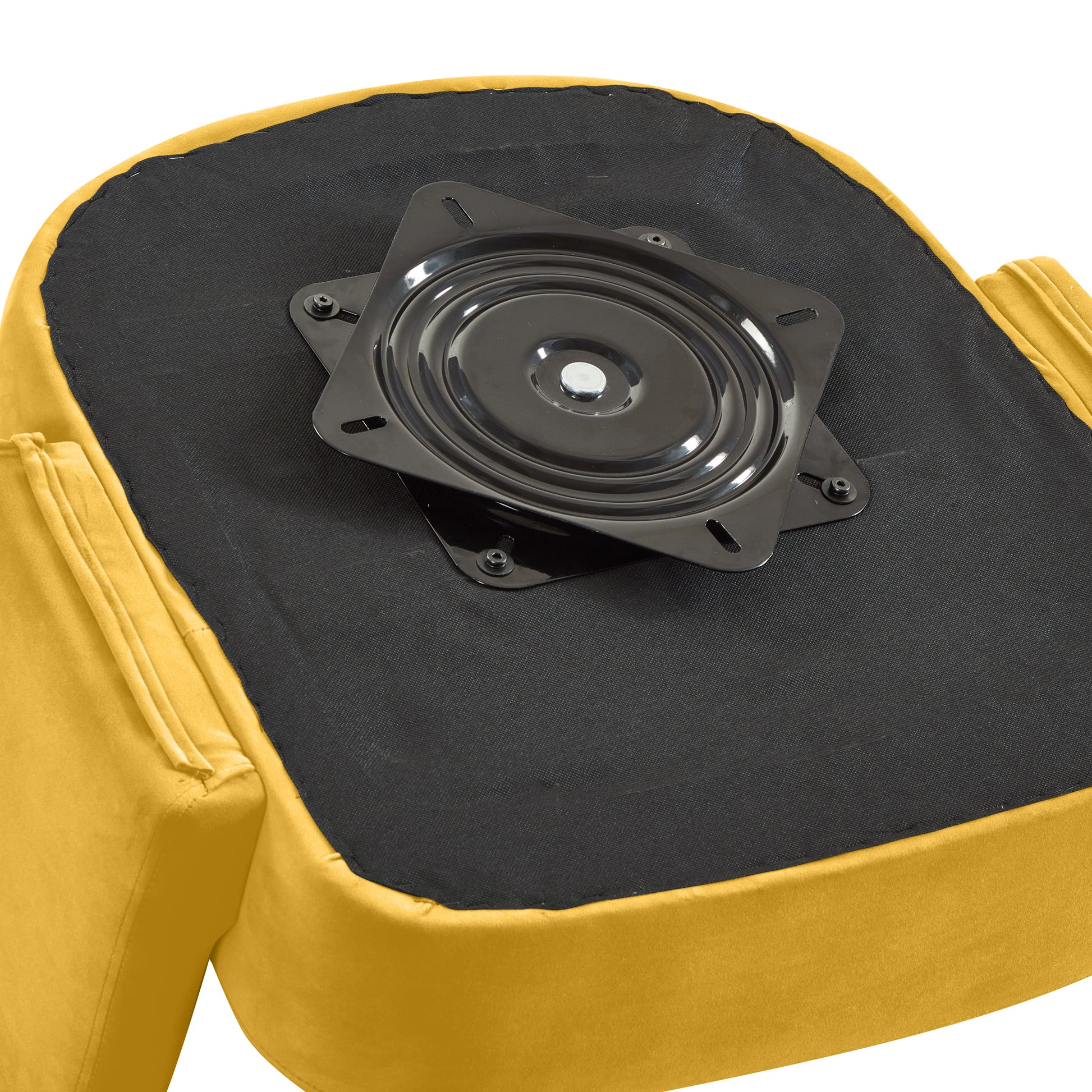 Gold velvet accent chair with a black swivel base attachment