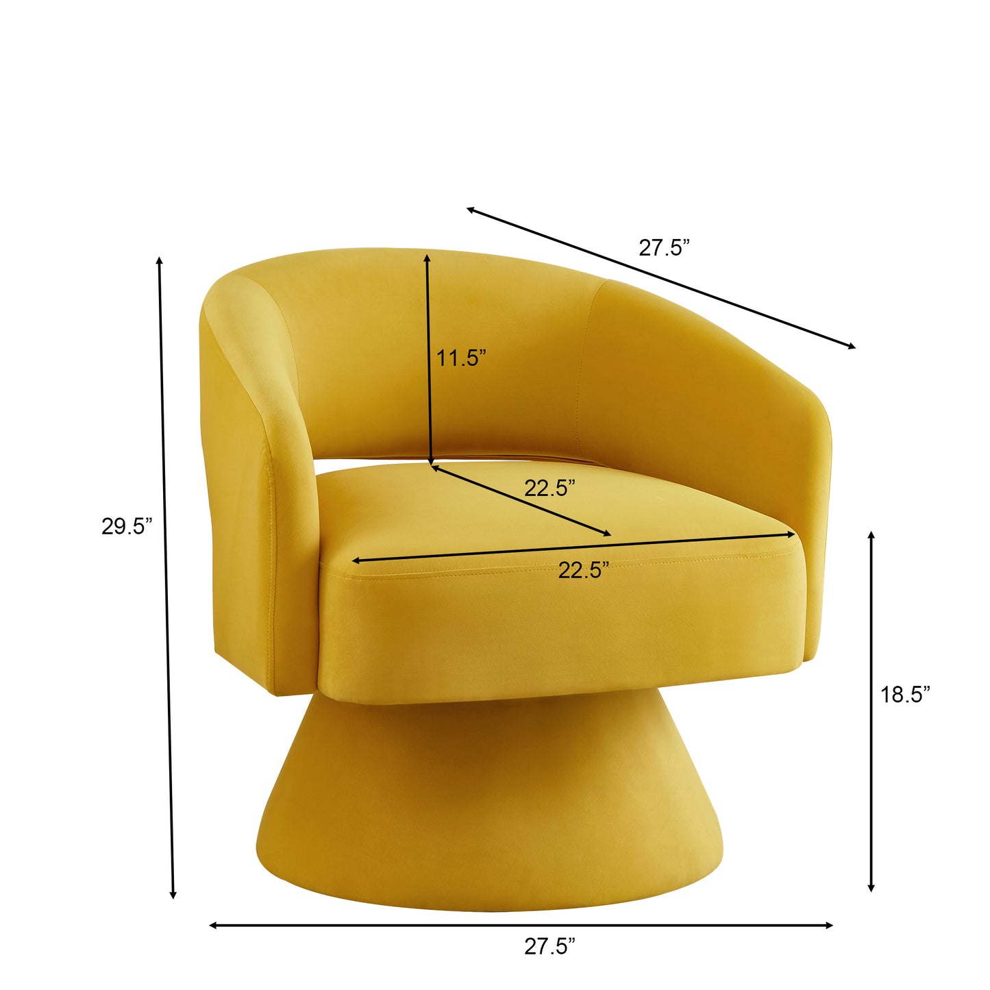 Mustard yellow velvet swivel accent chair with curved back and flared base