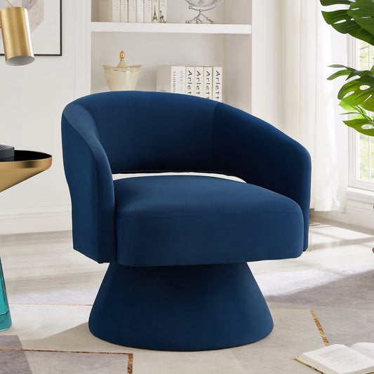 Navy blue velvet swivel chair with a flared base perfect for a modern living room accent