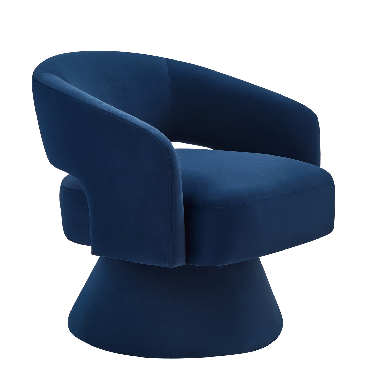Deep navy blue velvet accent chair with a curved back and swivel base perfect for modern living rooms