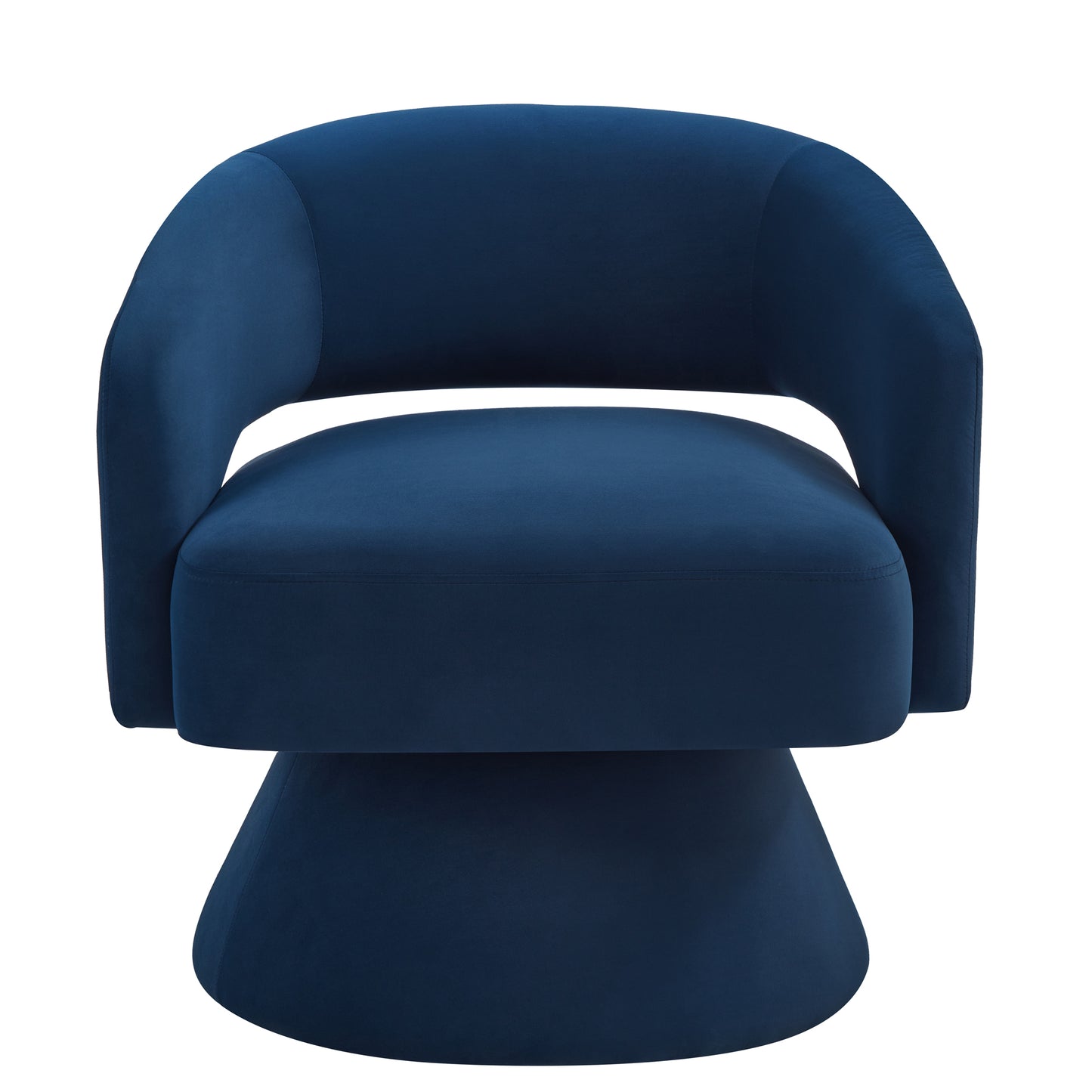 Deep blue velvet swivel accent chair with curved back and rounded arms