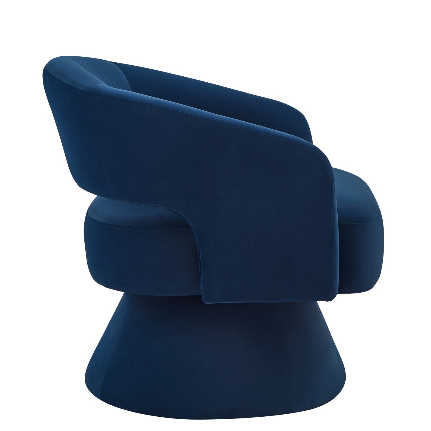 Luxurious navy blue velvet accent chair with a unique tapered base and curved arms