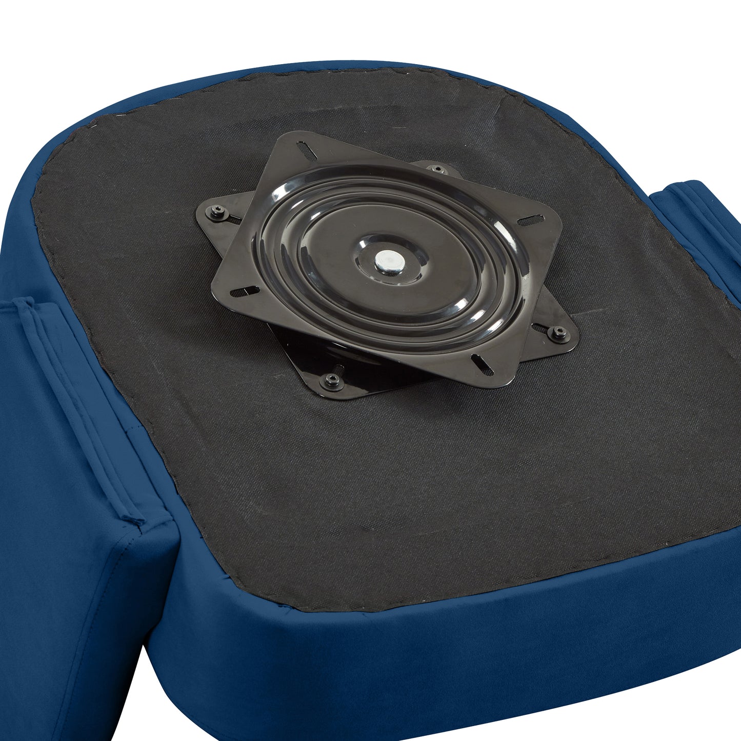 Dark metal swivel base attached to underside of a navy blue fabric armchair for degree rotation