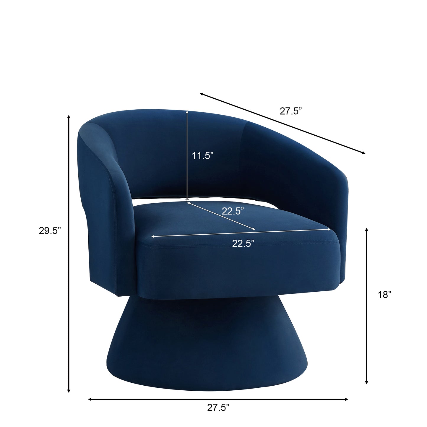 Plush navy velvet swivel accent chair with modern rounded design and sturdy pedestal base