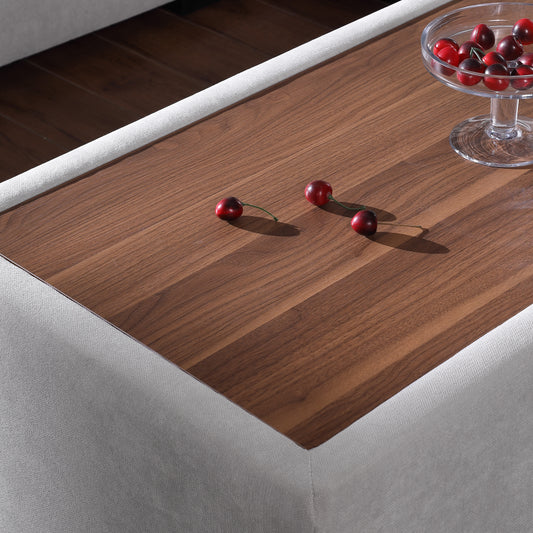 Walnut wood tray with fabric base and red cherries for snacking