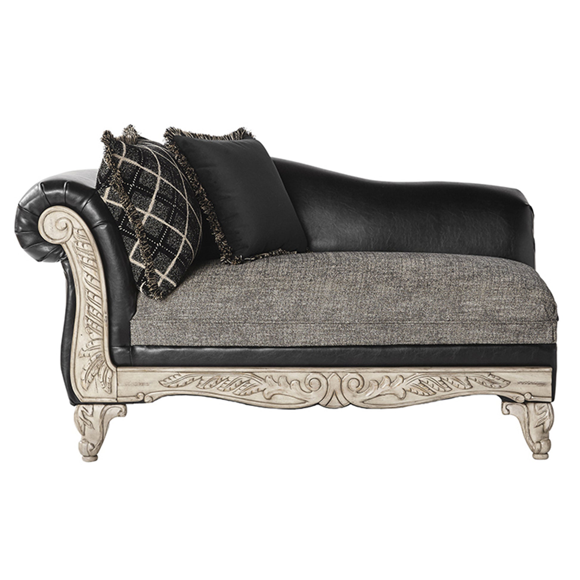 Black leather chaise lounge with gray fabric and ornate white frame