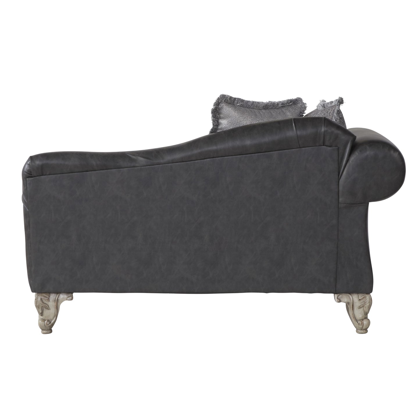 Dark gray faux leather chaise lounge with decorative carved legs