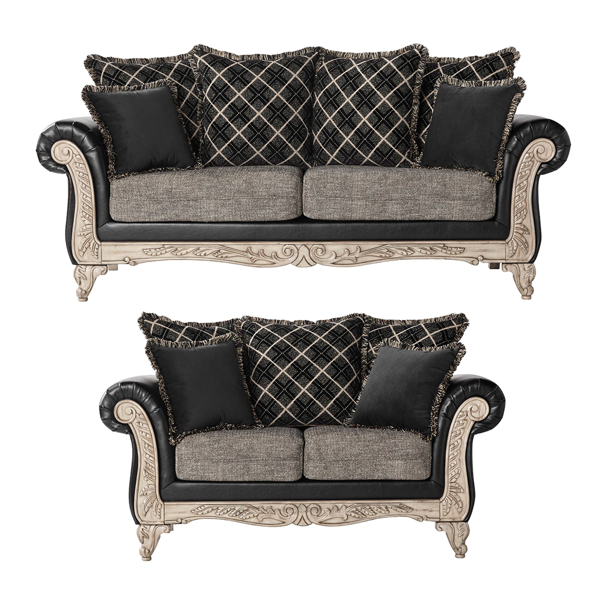 Elegant ornate twoseater sofa with black leather and patterned cushions