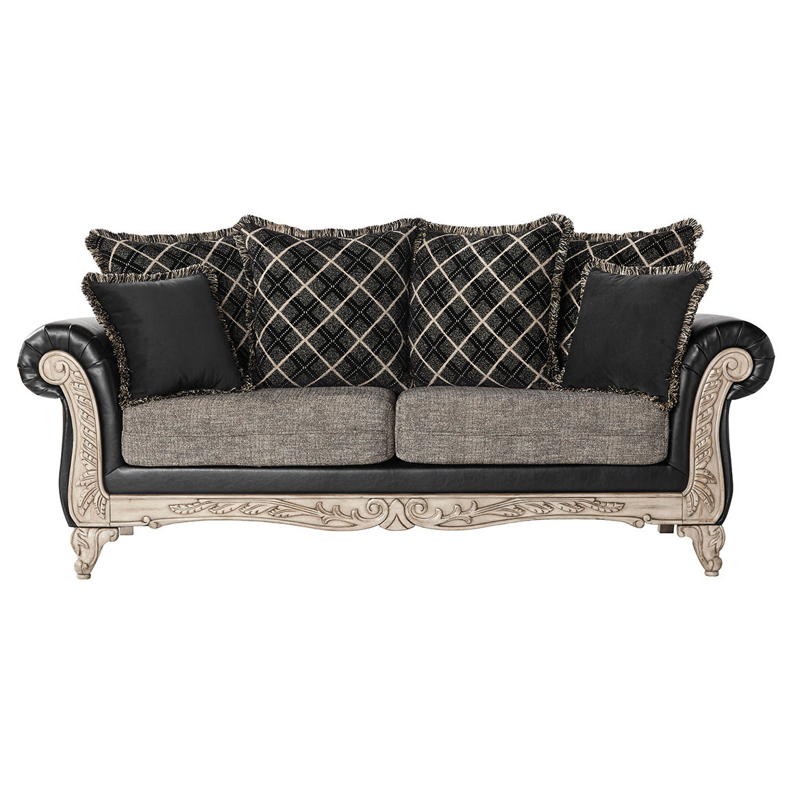 Elegant black leather and grey fabric sofa with ornate carved frame and patterned throw pillows