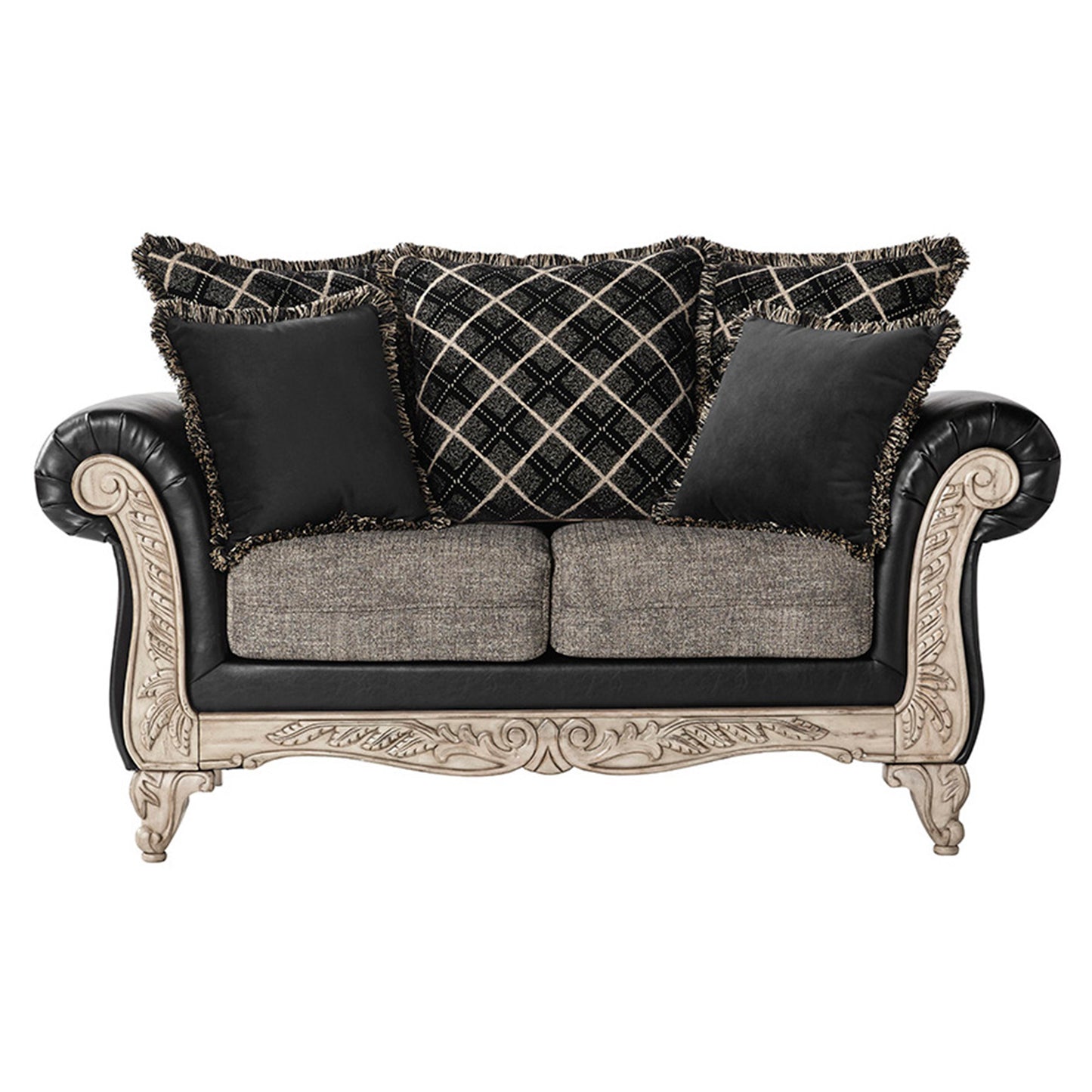 Elegant loveseat with black leather textured grey fabric seat and diamondpatterned cushions