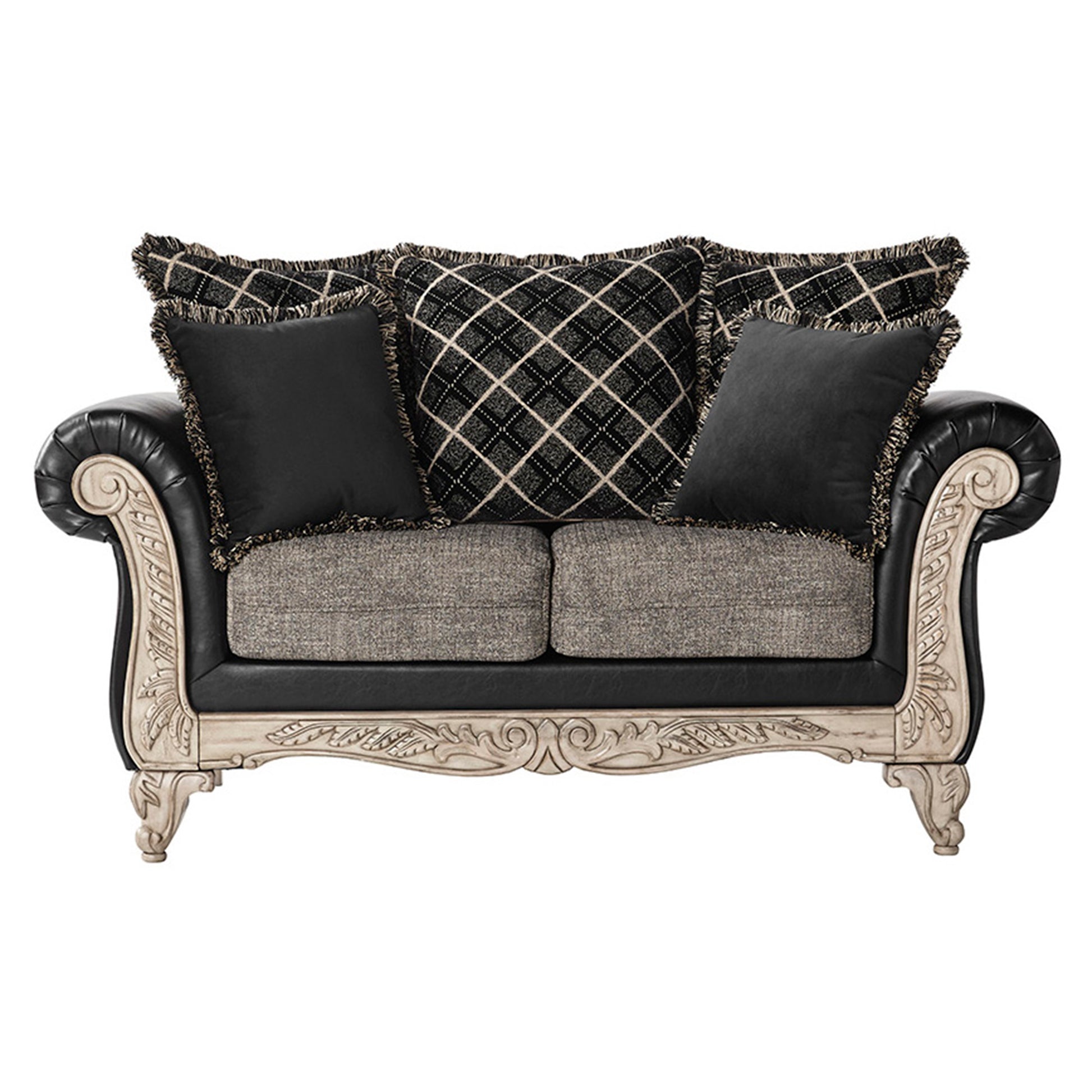 Elegant loveseat with black leather textured grey fabric seat and diamondpatterned cushions