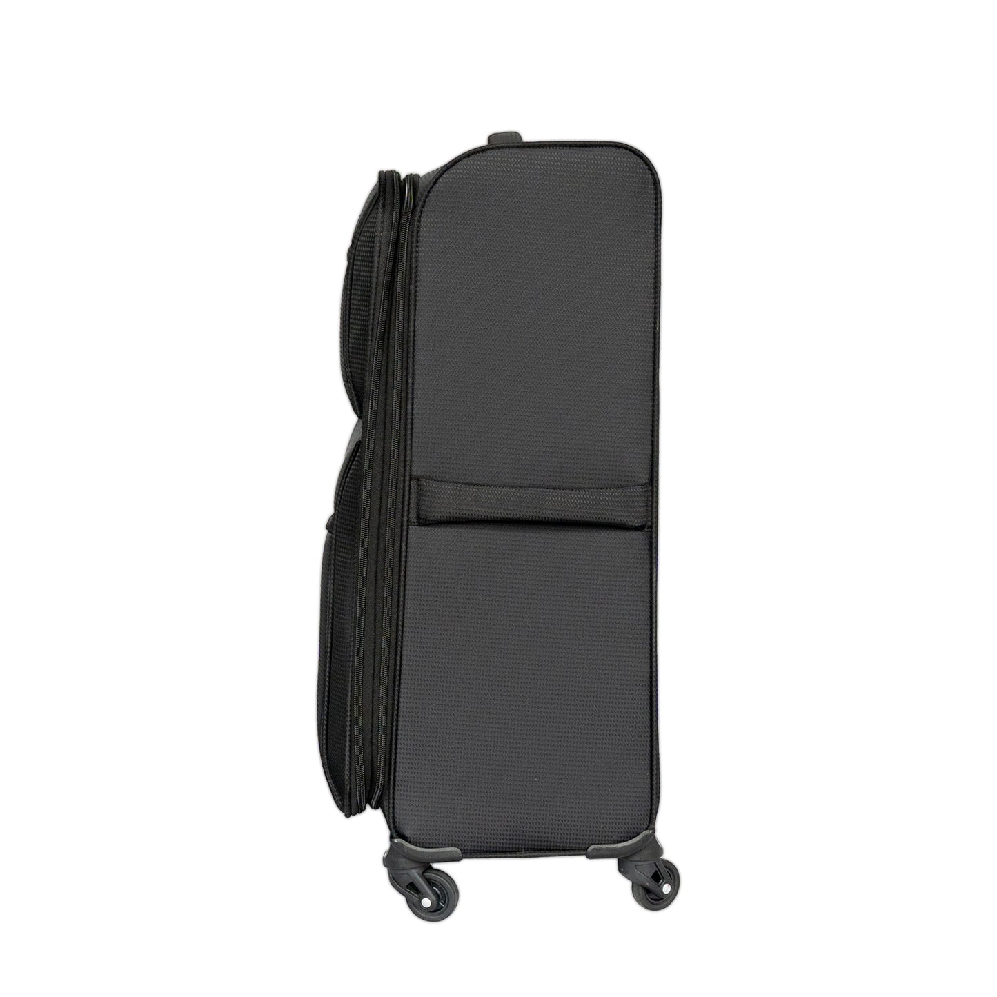Black fabric spinner suitcase with zippered compartments and wheels